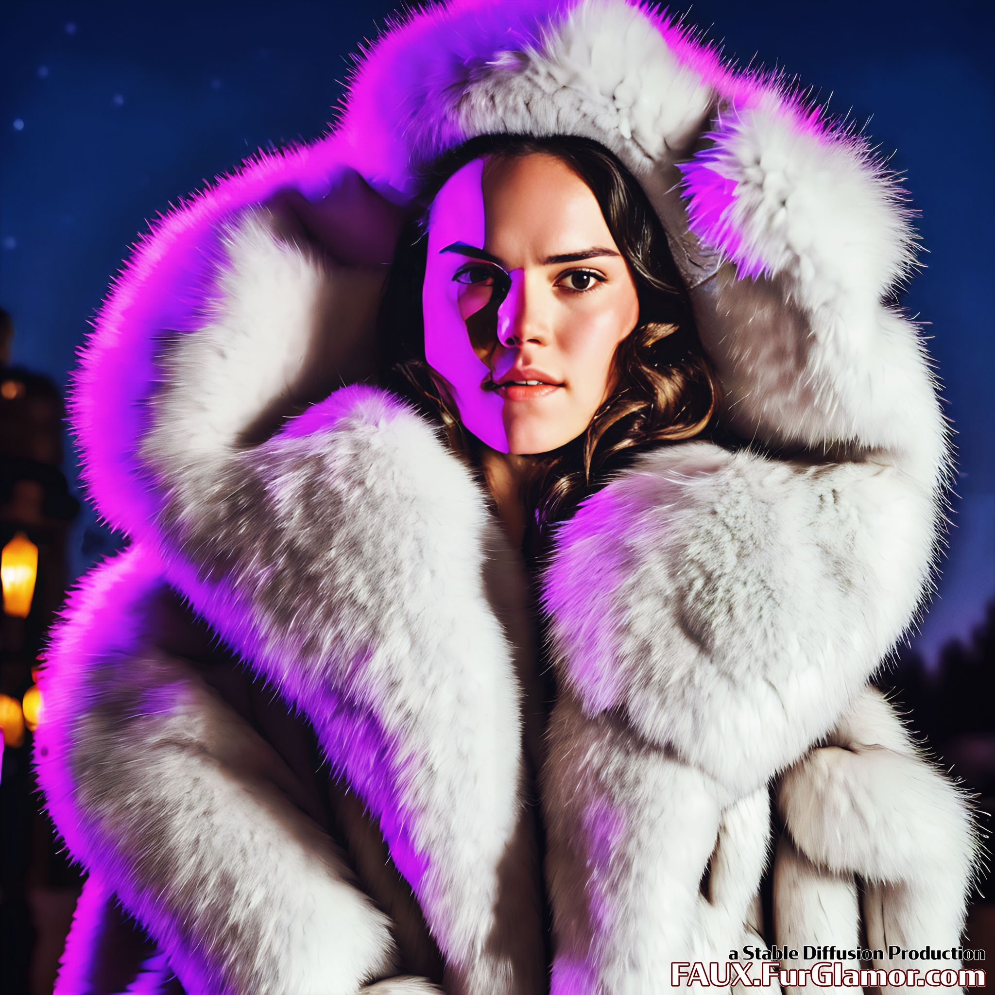 Stable Diffusion Render of Daisy Ridley in a fur coat