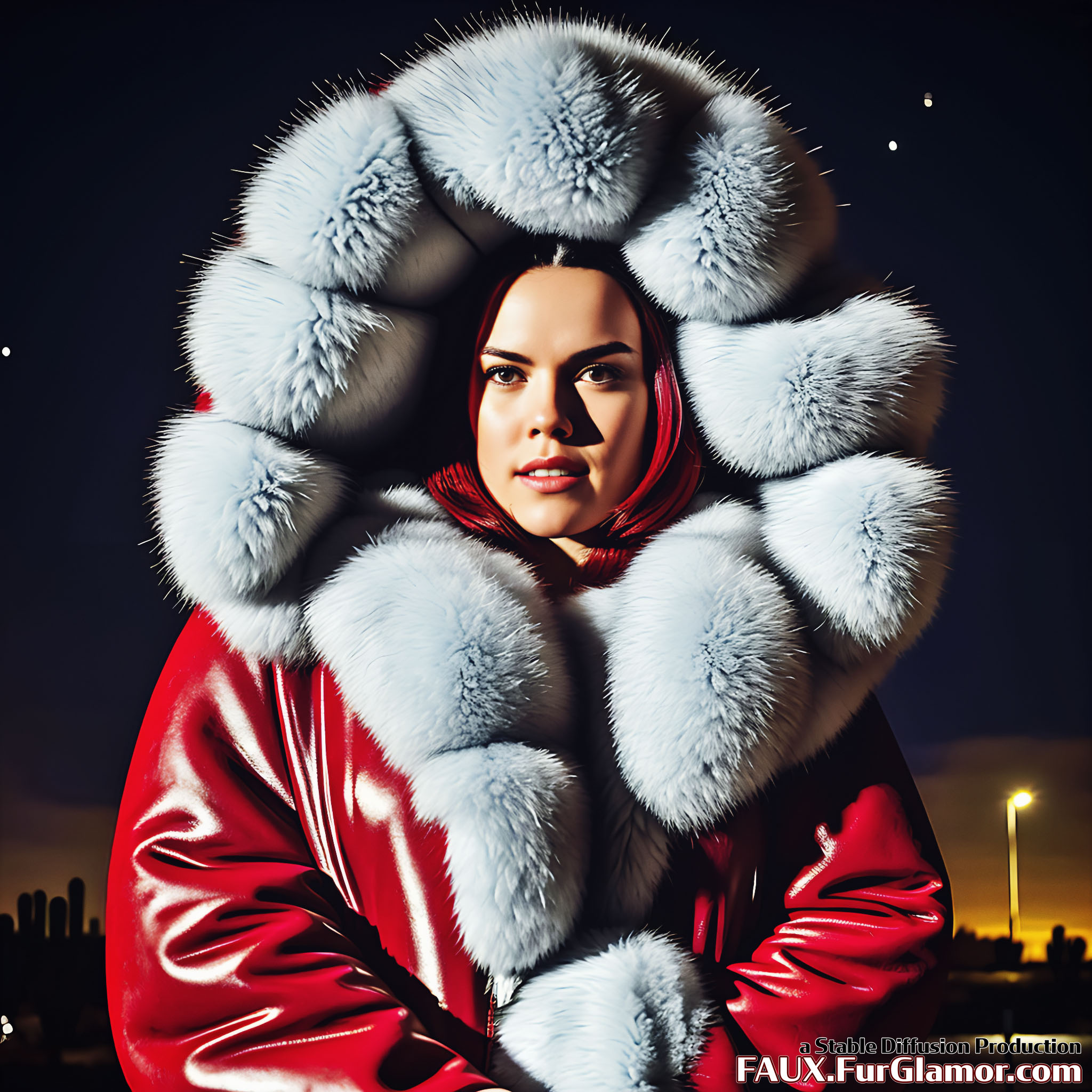 Stable Diffusion Render of Daisy Ridley in a fur coat