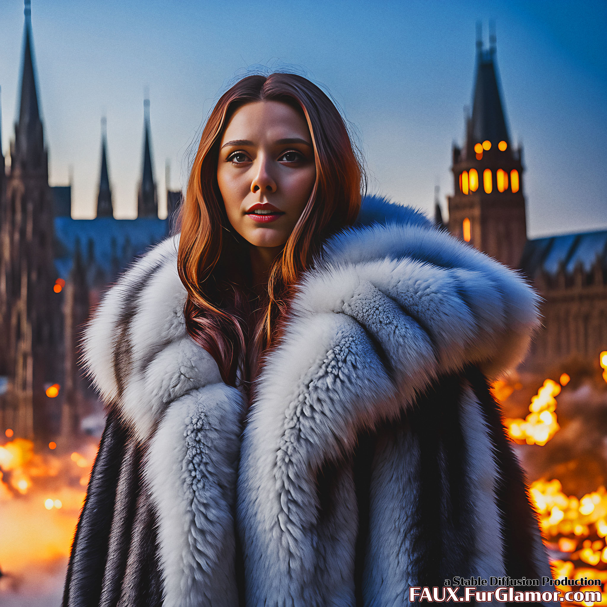 Stable Diffusion Render of Elizabeth Olsen as the Scarlet Witch Wearing Big Fur Coat