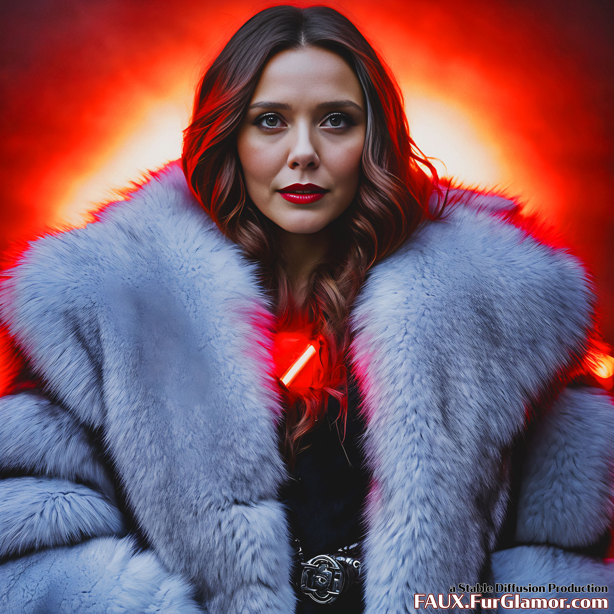Stable Diffusion Render of Elizabeth Olsen as the Scarlet Witch Wearing Big Fur Coat
