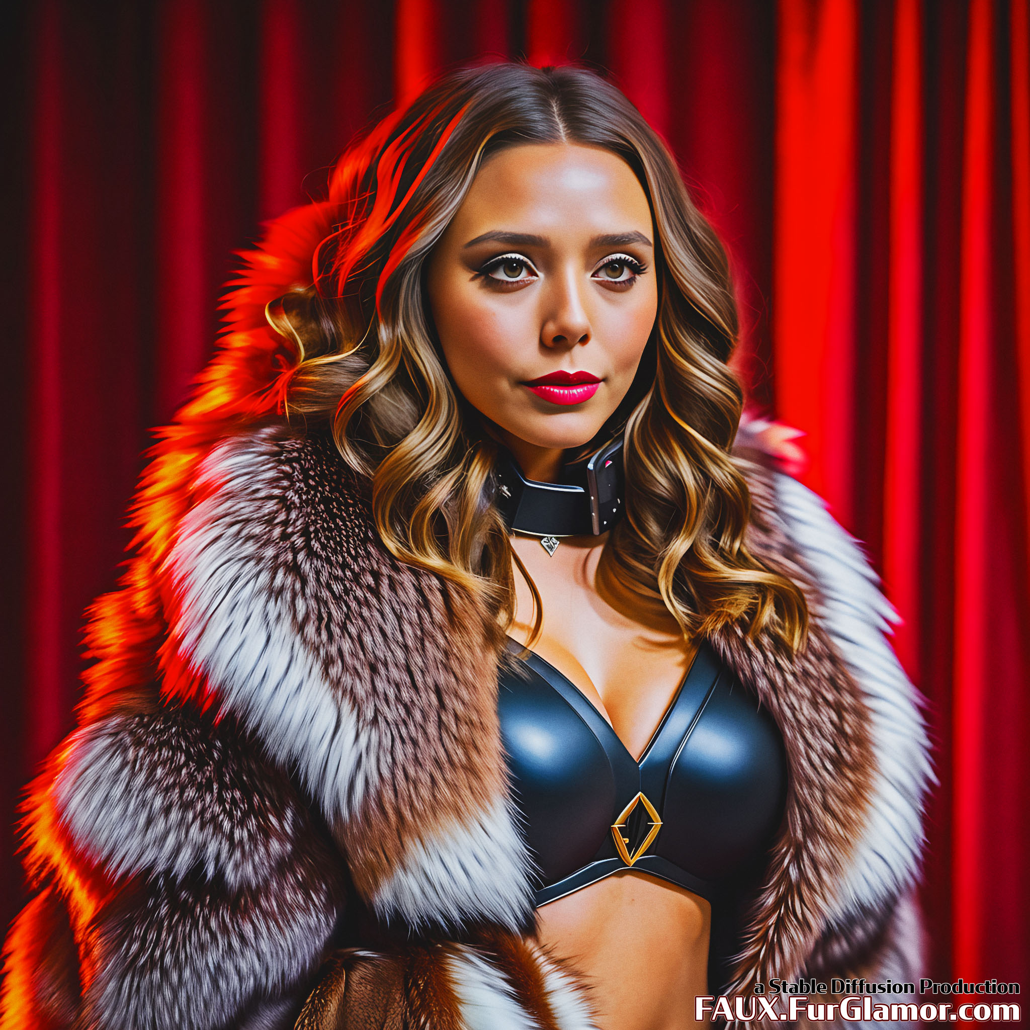 Stable Diffusion Render of Elizabeth Olsen as the Scarlet Witch Wearing Big Fur Coat
