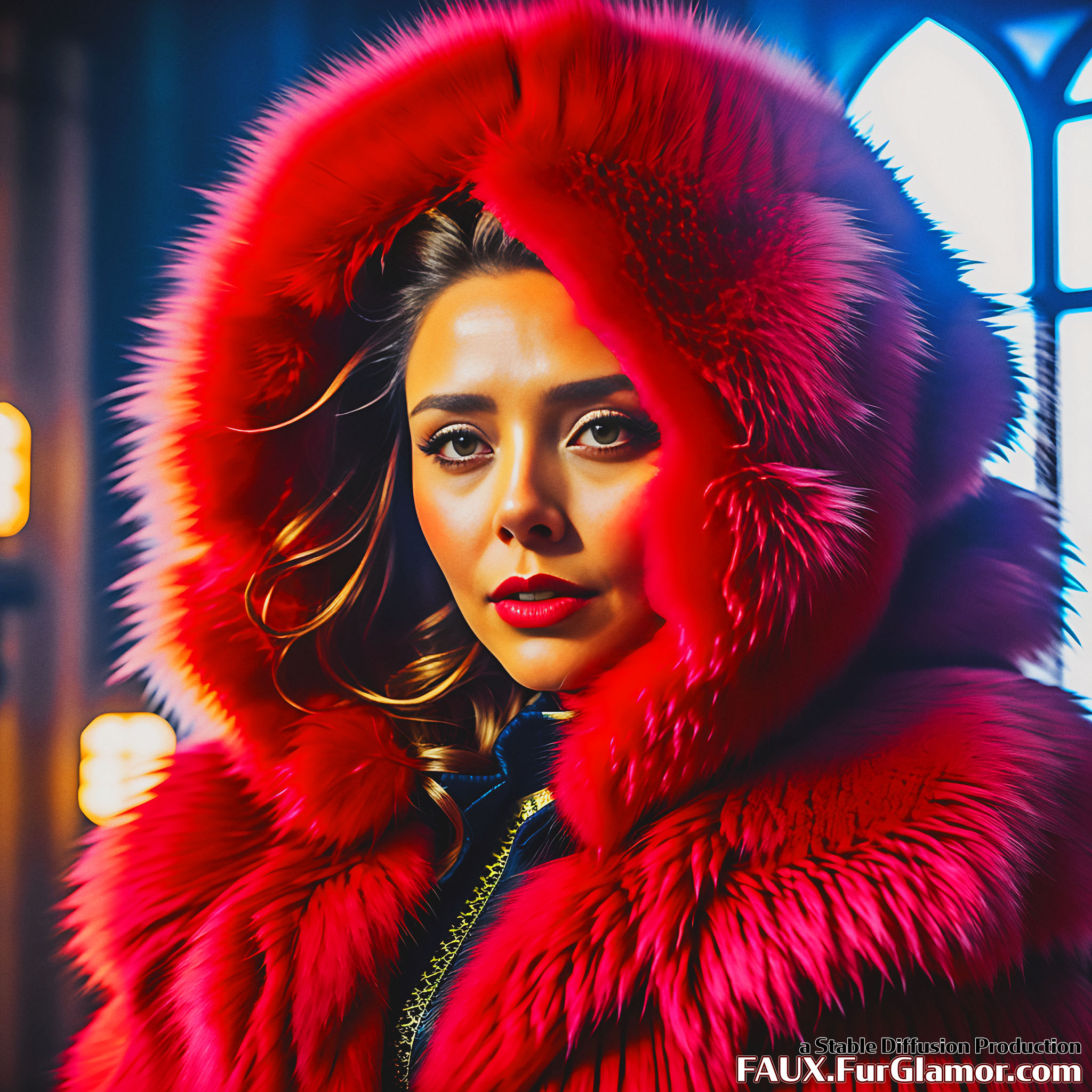 Stable Diffusion Render of Elizabeth Olsen as the Scarlet Witch Wearing Big Fur Coat