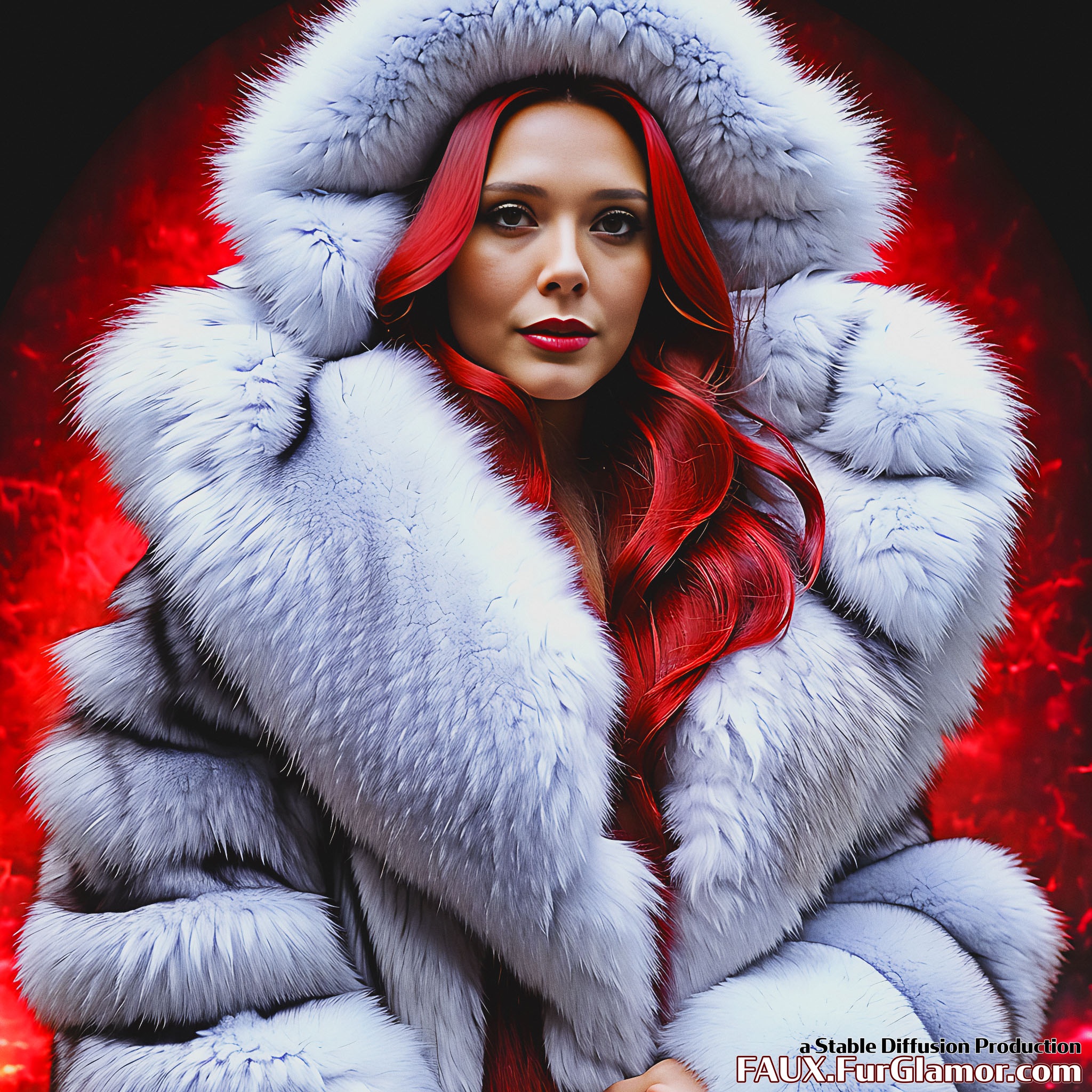 Stable Diffusion Render of Elizabeth Olsen as the Scarlet Witch Wearing Big Fur Coat