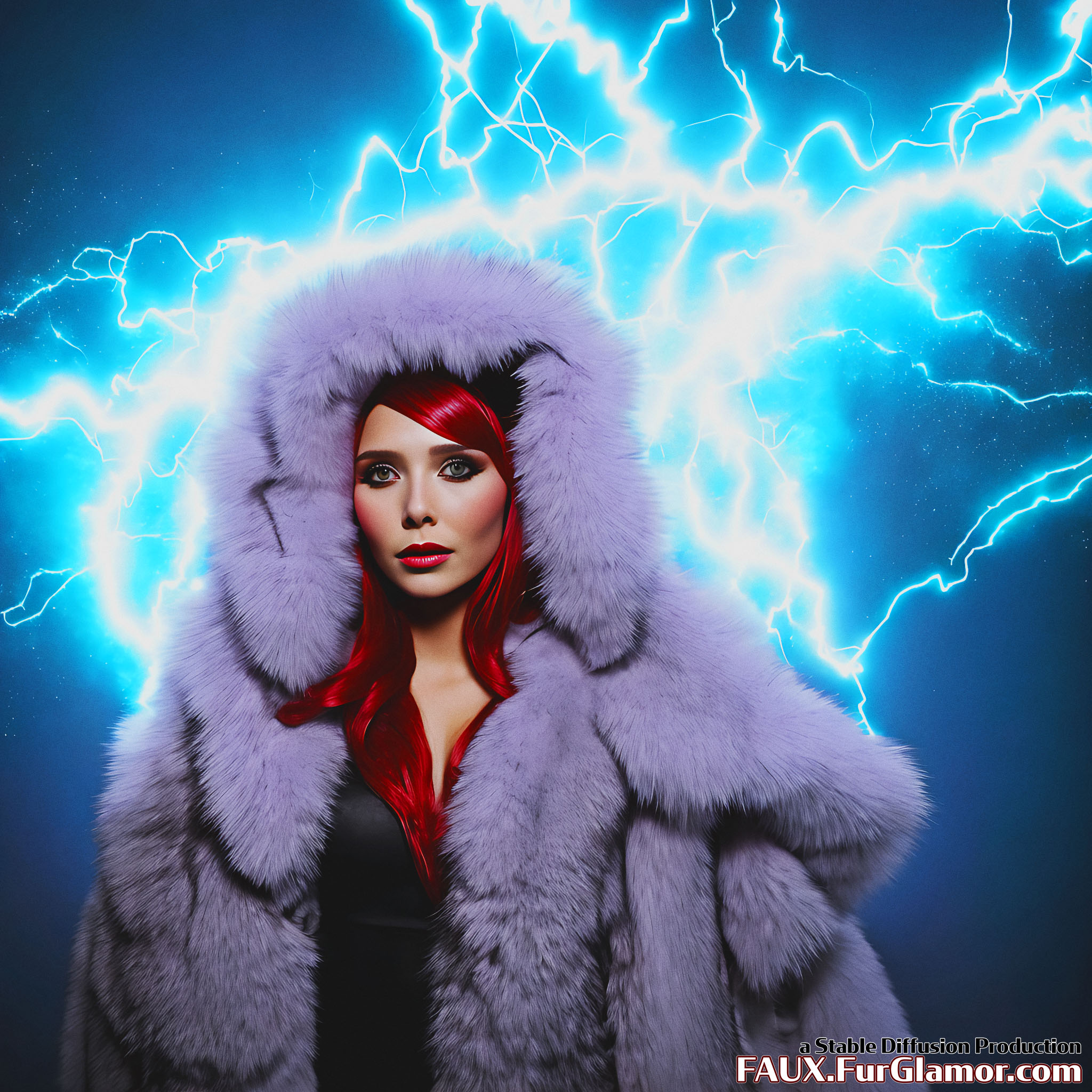 Stable Diffusion Render of Elizabeth Olsen as the Scarlet Witch Wearing Big Fur Coat