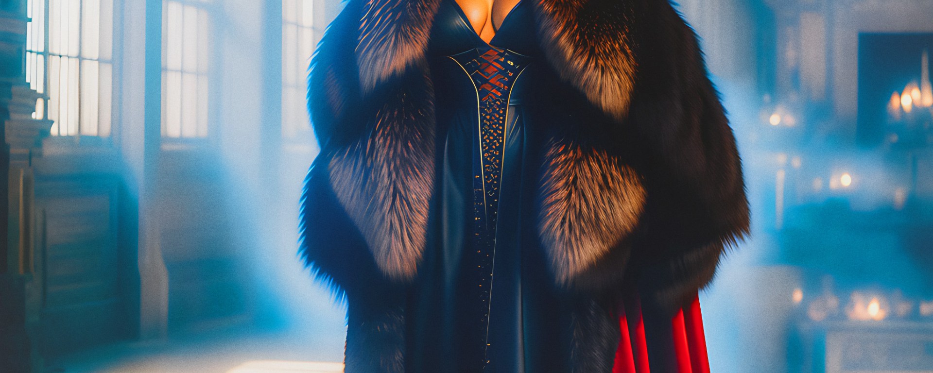 Stable Diffusion Render of Elizabeth Olsen as the Scarlet Witch Wearing Big Fur Coat