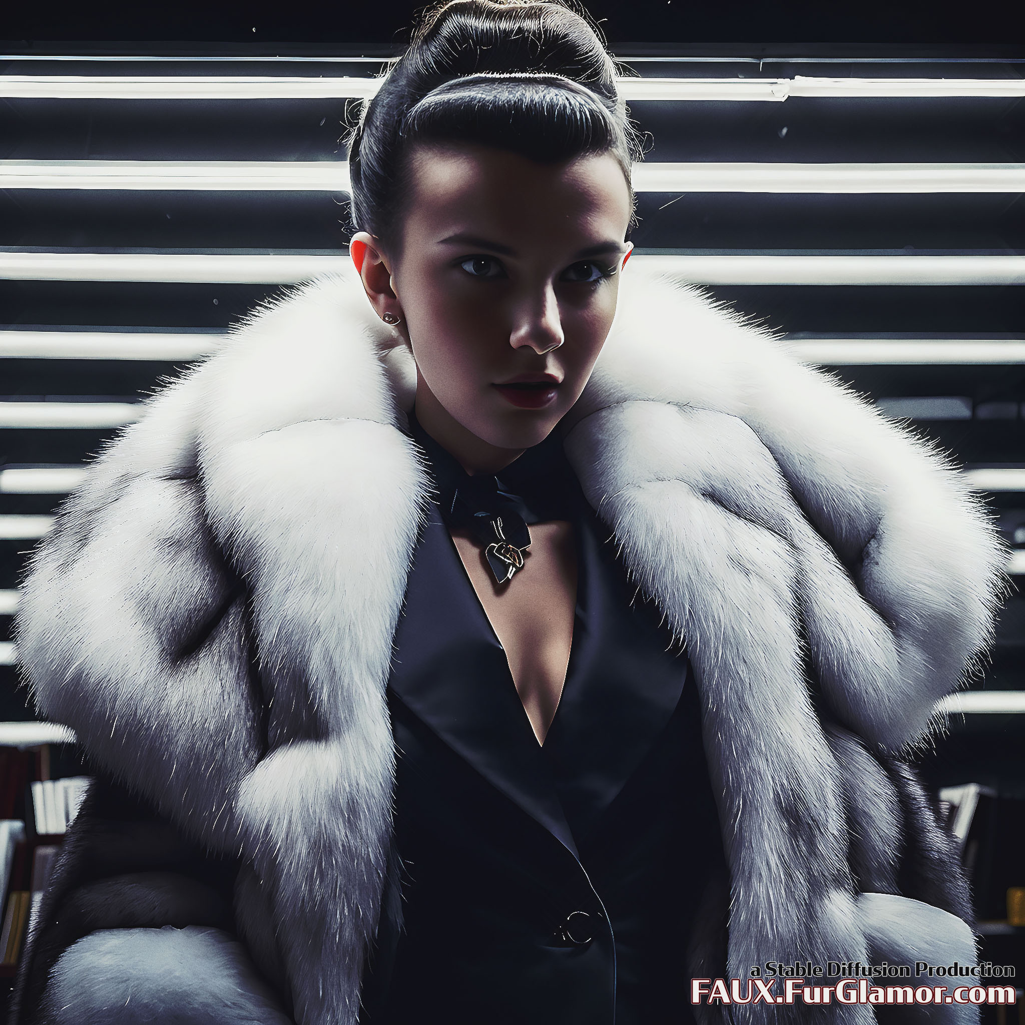 Stable Diffusion Render of Millie Bobby Brown wearing Fur