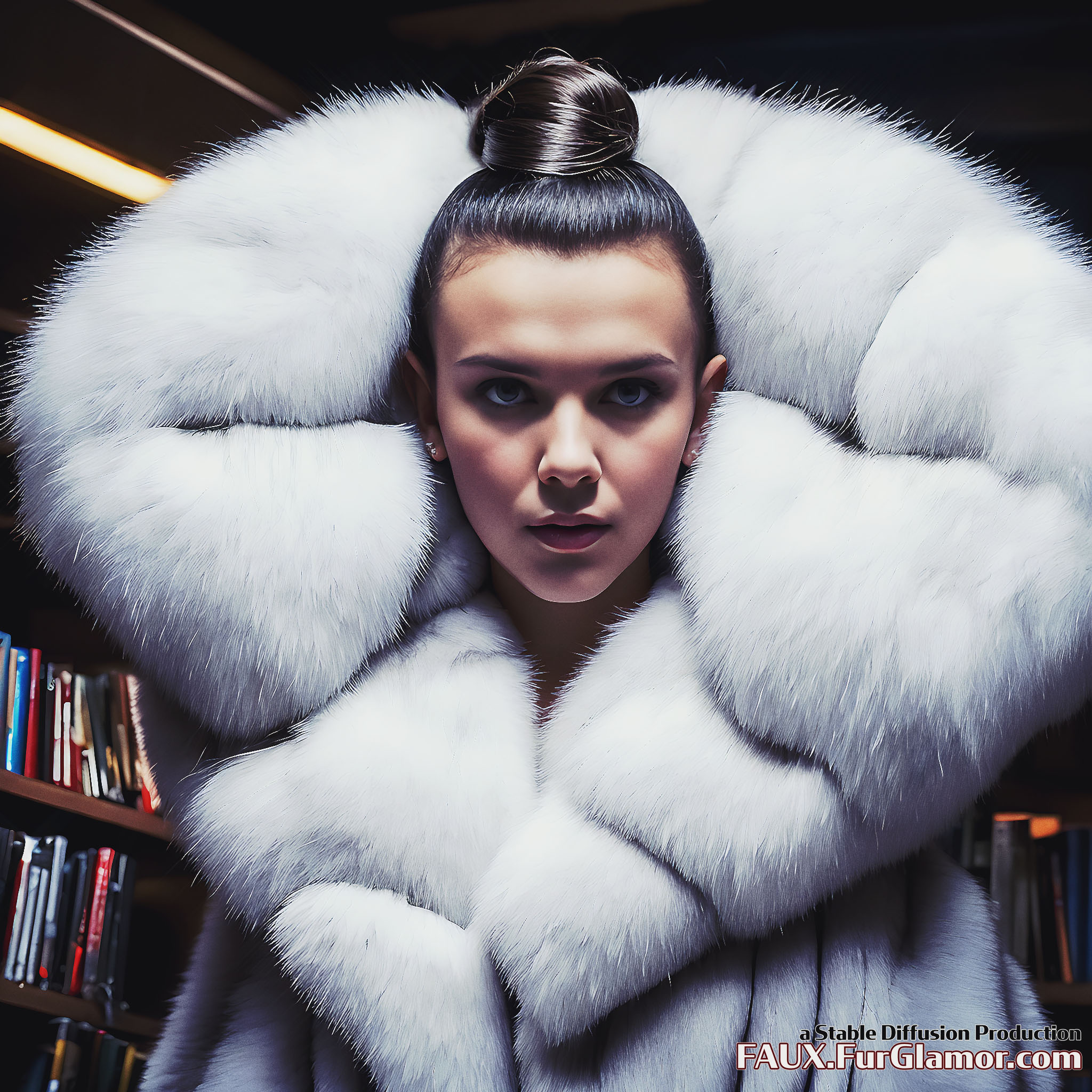 Stable Diffusion Render of Millie Bobby Brown wearing Fur