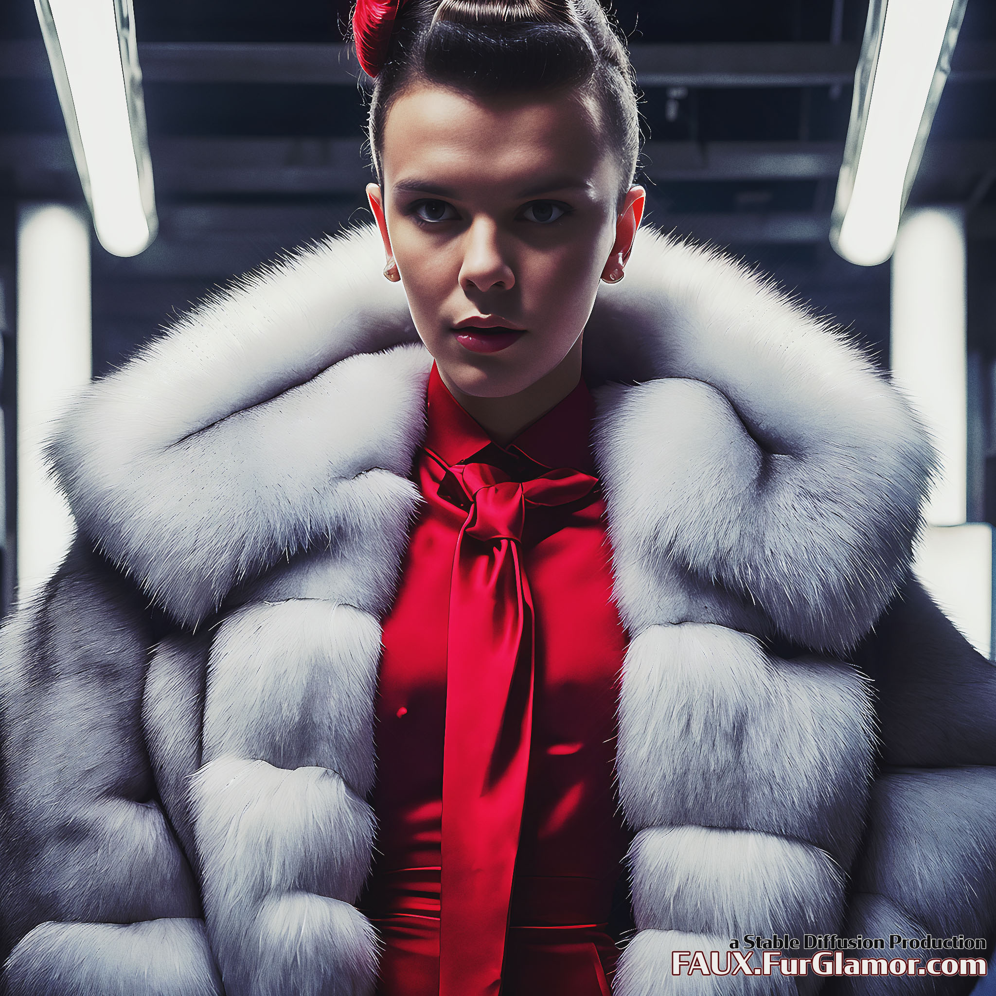 Stable Diffusion Render of Millie Bobby Brown wearing Fur