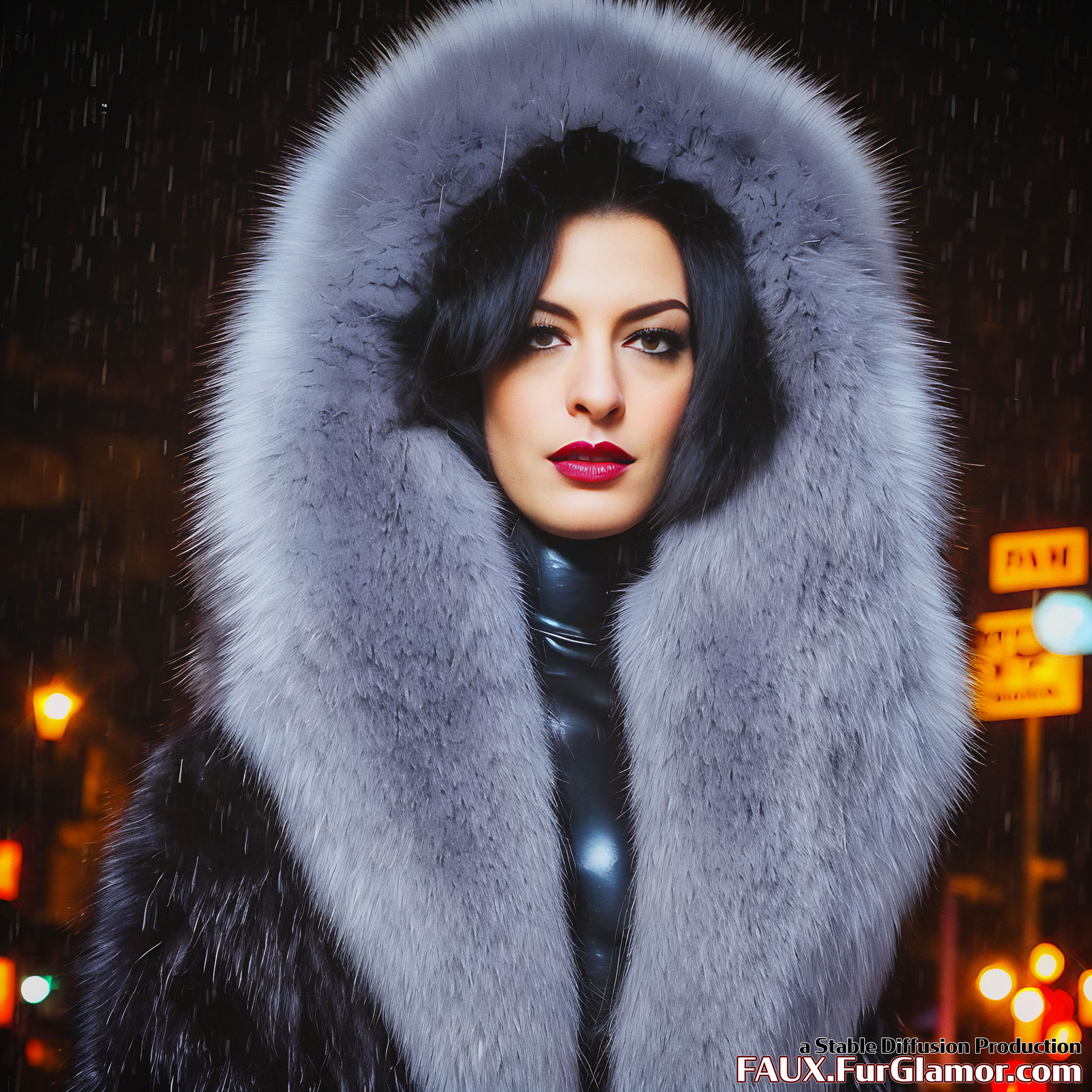 Stable Diffusion Render of Anne Hathaway as Catwoman in a Large Fur Coat - FauxFurGlamor