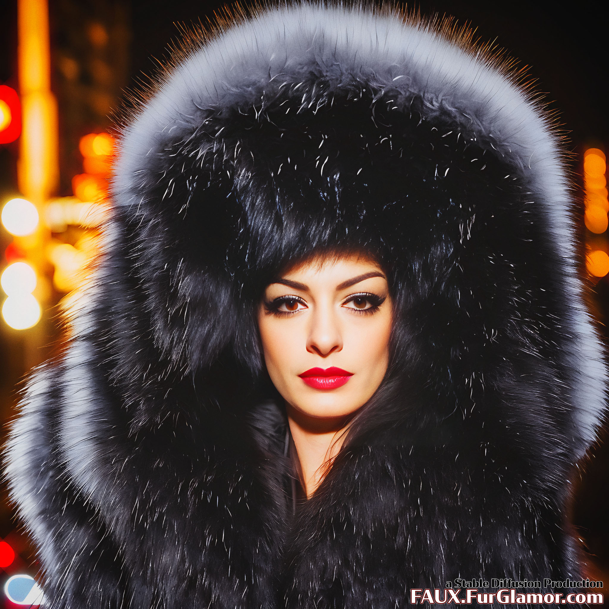 Stable Diffusion Render of Anne Hathaway as Catwoman in a Large Fur Coat - FauxFurGlamor