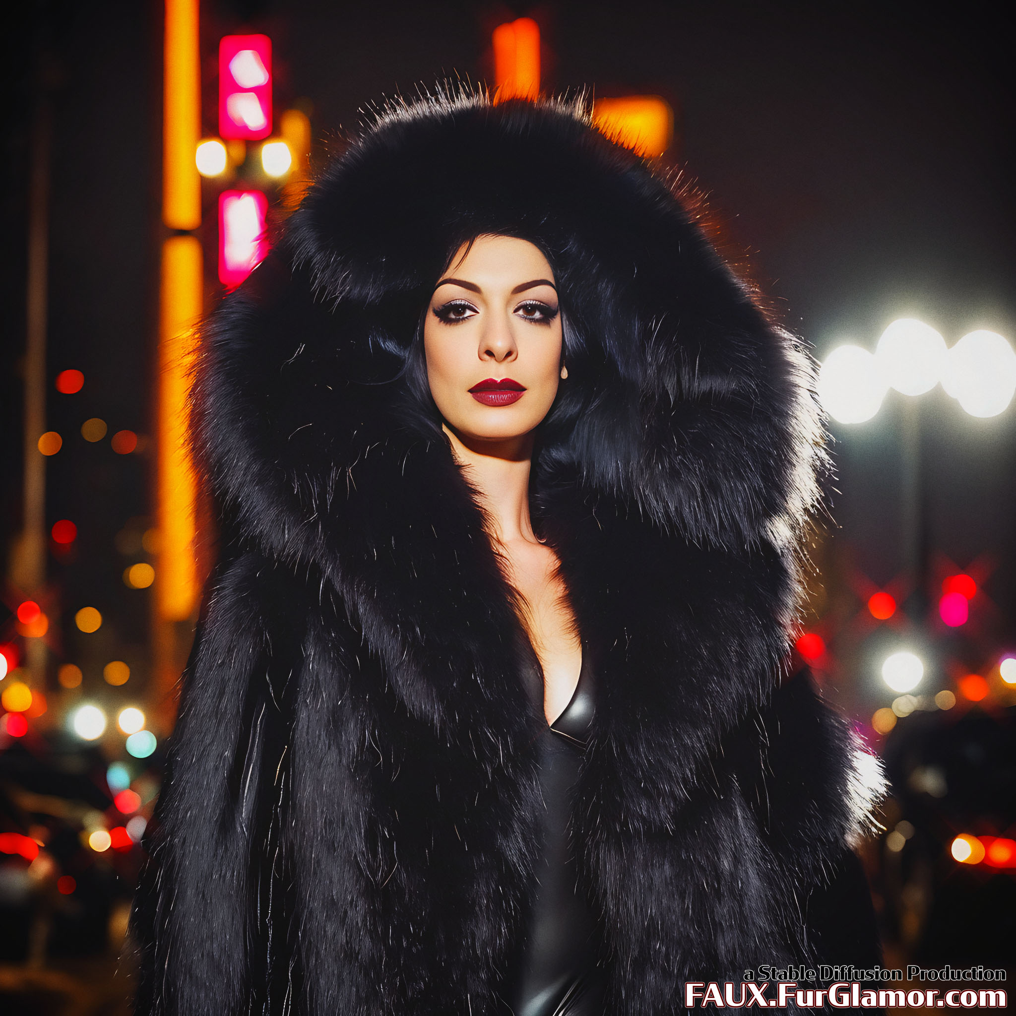 Stable Diffusion Render of Anne Hathaway as Catwoman in a Large Fur Coat - FauxFurGlamor