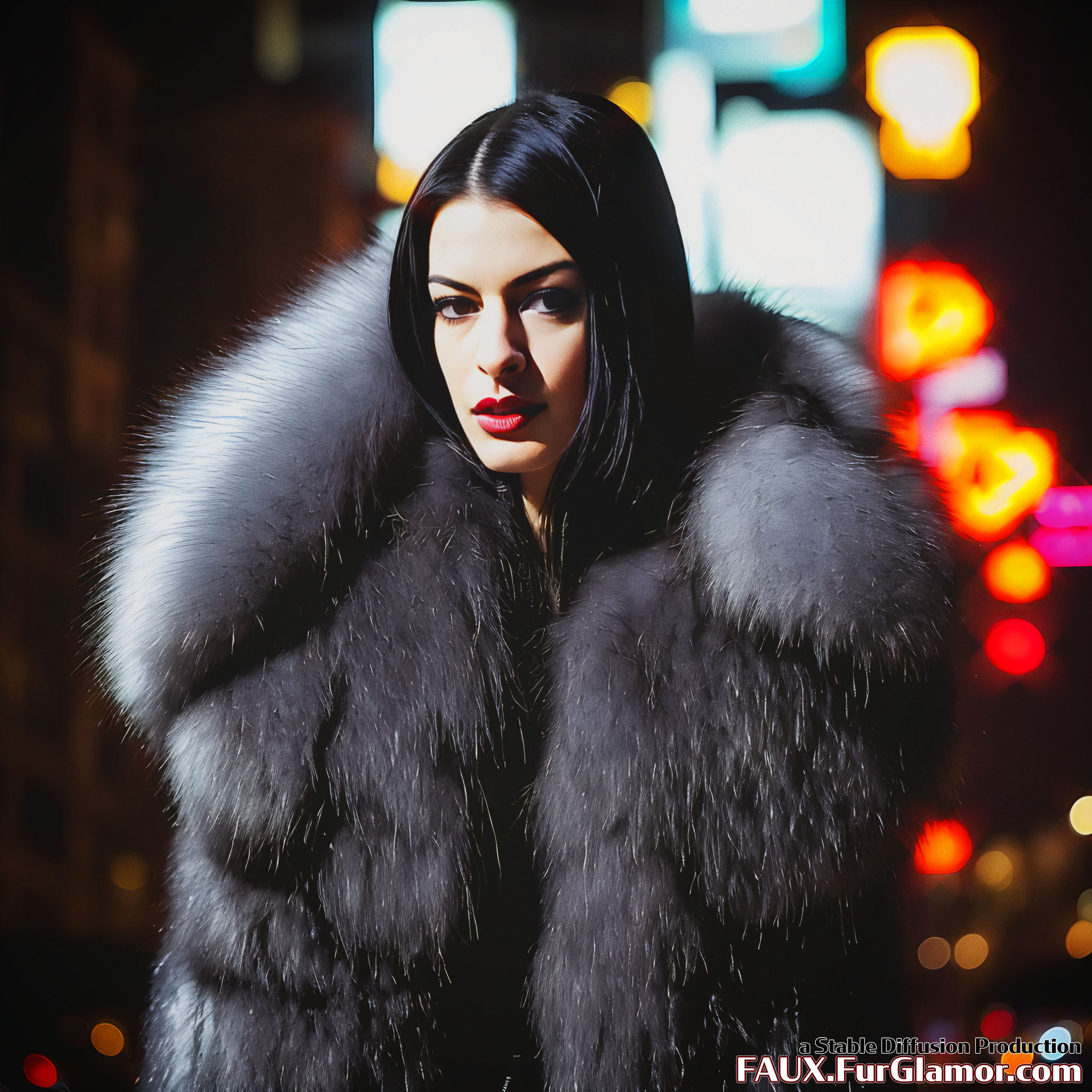 Stable Diffusion Render of Anne Hathaway as Catwoman in a Large Fur Coat - FauxFurGlamor