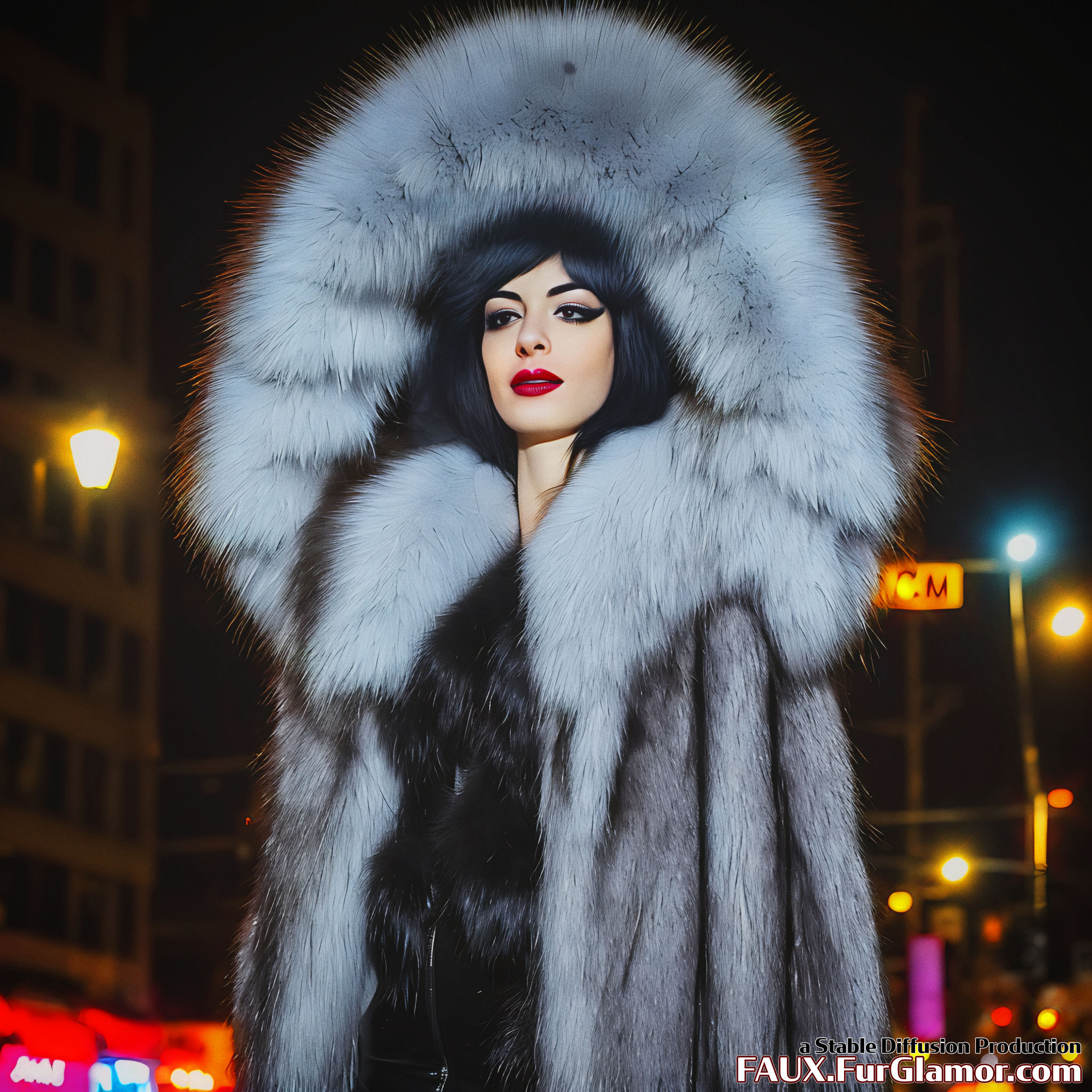 Stable Diffusion Render of Anne Hathaway as Catwoman in a Large Fur Coat - FauxFurGlamor