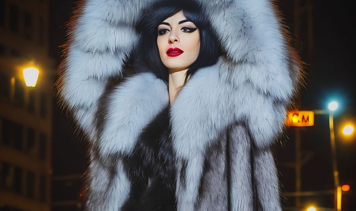 Stable Diffusion Render of Anne Hathaway as Catwoman in a Large Fur Coat - FauxFurGlamor