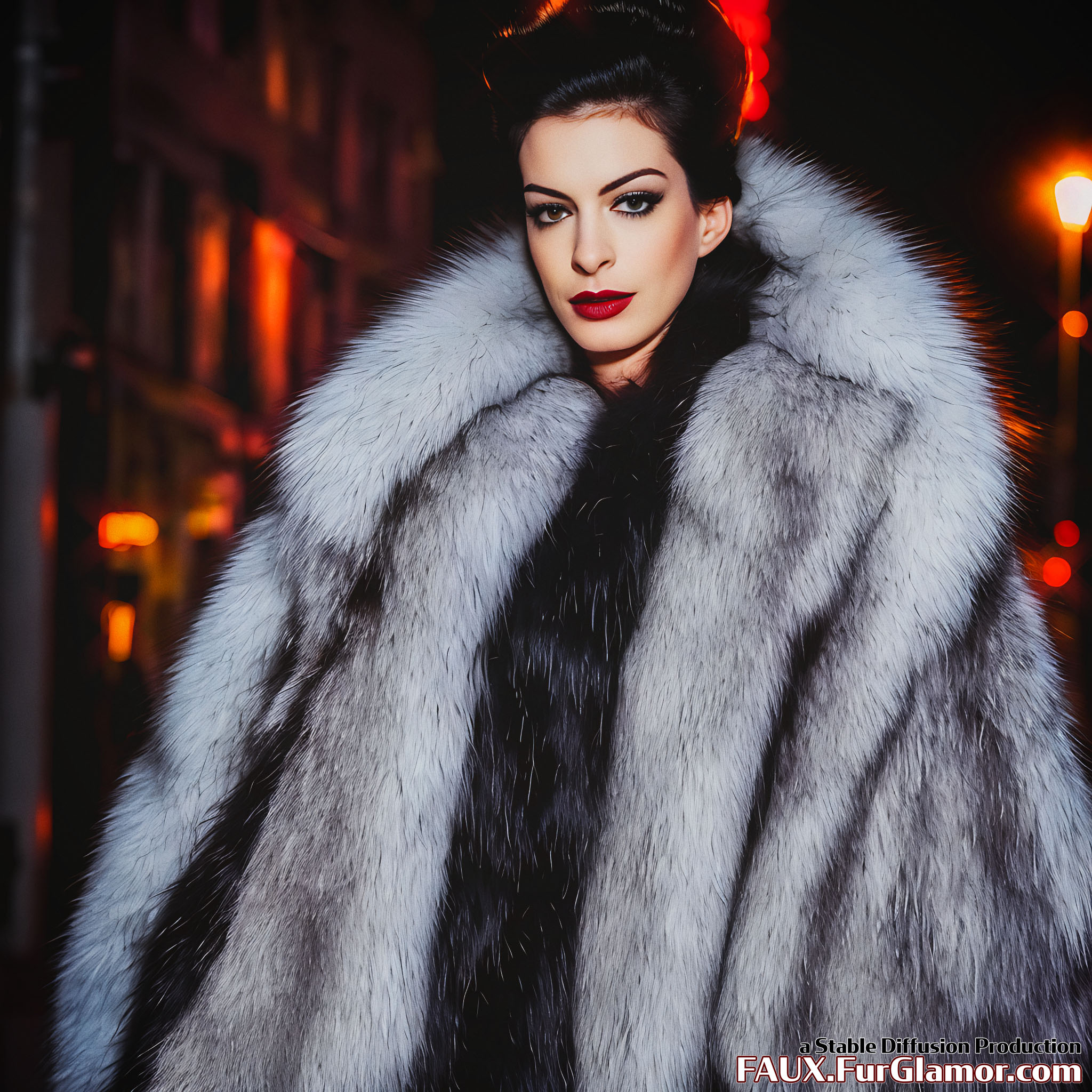 Stable Diffusion Render of Anne Hathaway as Catwoman in a Large Fur Coat - FauxFurGlamor