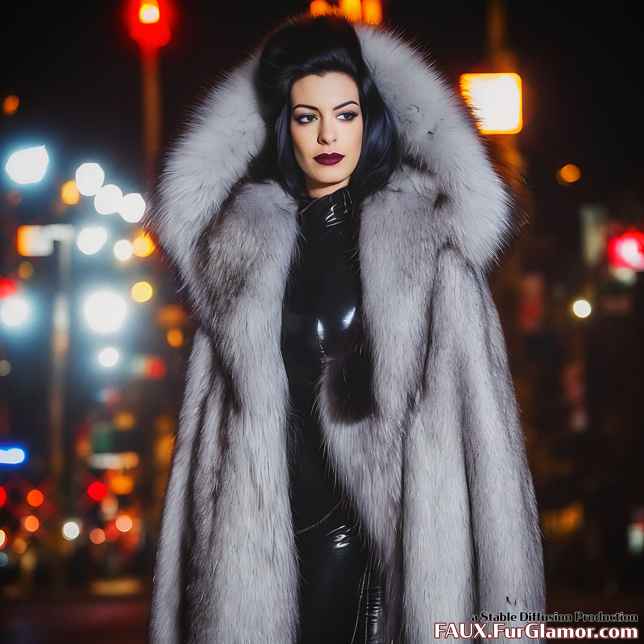 Stable Diffusion Render of Anne Hathaway as Catwoman in a Large Fur Coat - FauxFurGlamor