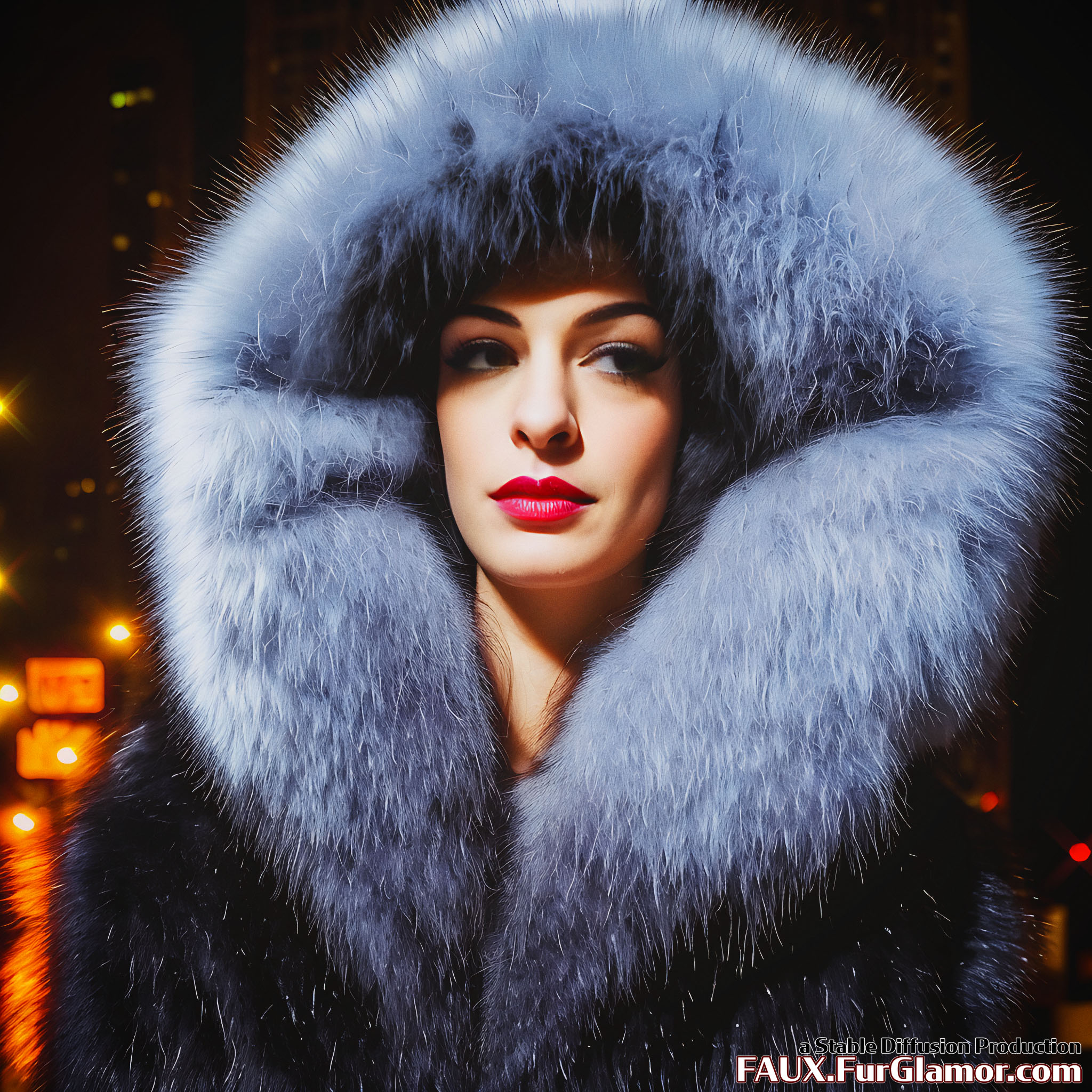Stable Diffusion Render of Anne Hathaway as Catwoman in a Large Fur Coat - FauxFurGlamor