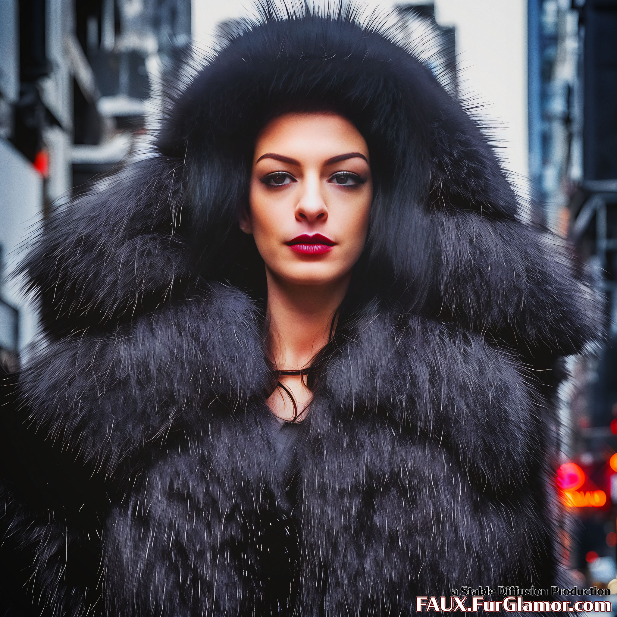 Stable Diffusion Render of Anne Hathaway as Catwoman in a Large Fur Coat - FauxFurGlamor