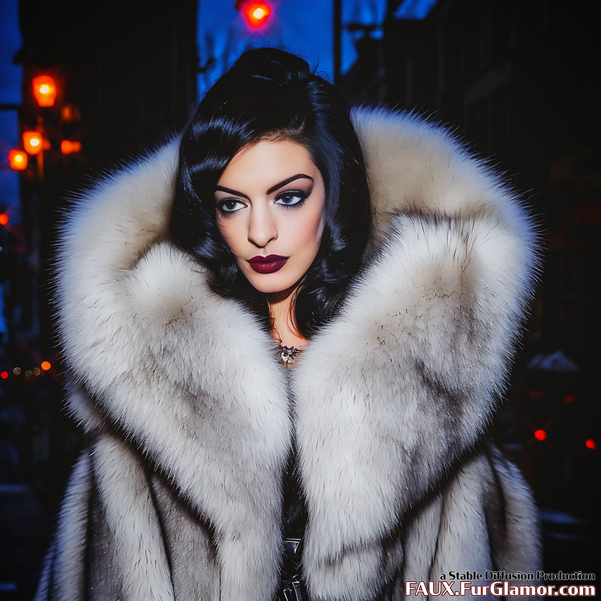 Stable Diffusion Render of Anne Hathaway as Catwoman in a Large Fur Coat - FauxFurGlamor