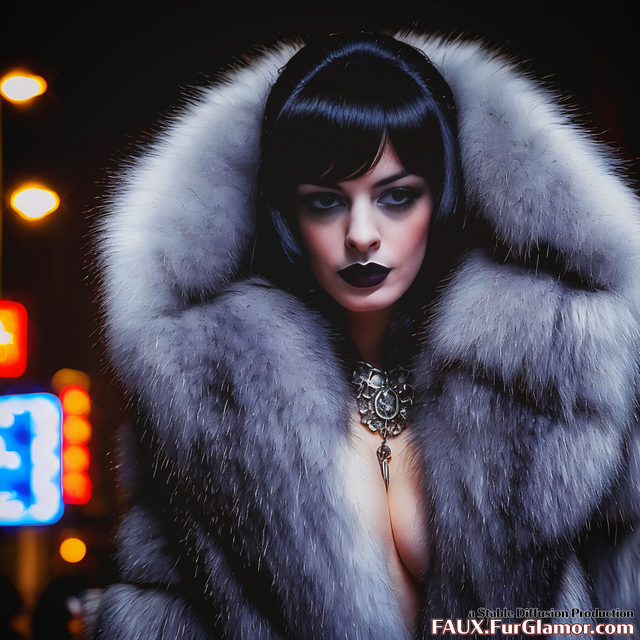 Stable Diffusion Render of Anne Hathaway as Catwoman in a Large Fur Coat - FauxFurGlamor