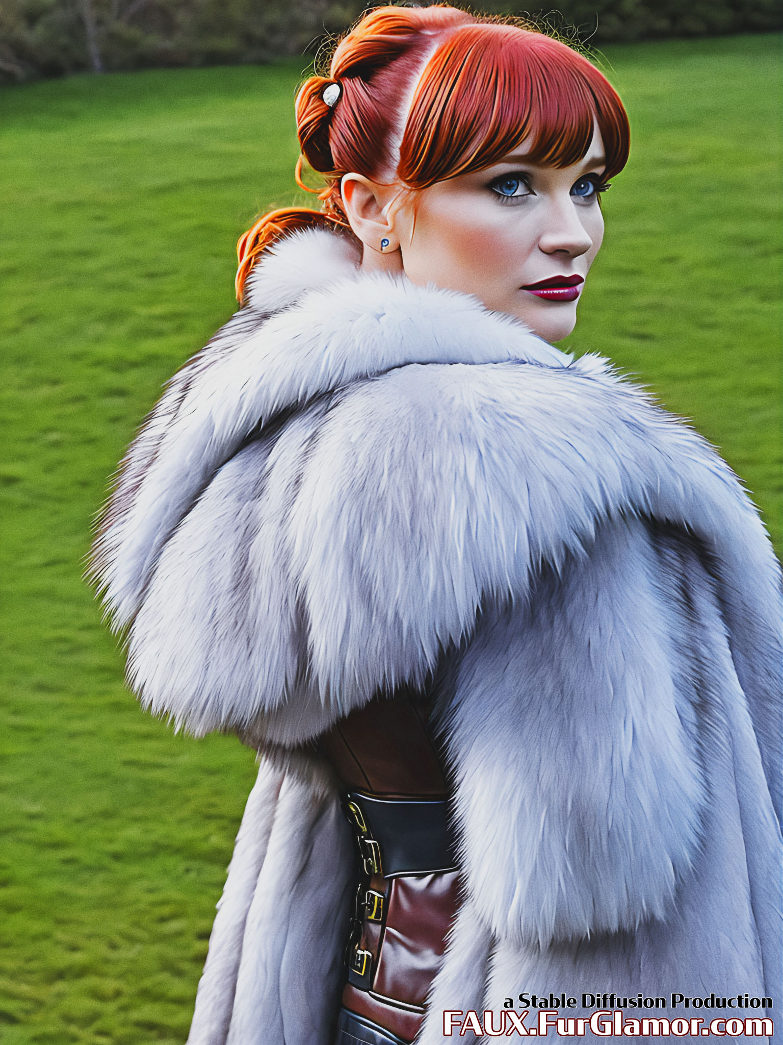 Stable Diffusion Render of Bryce Dallas Howard in large Fur Coat