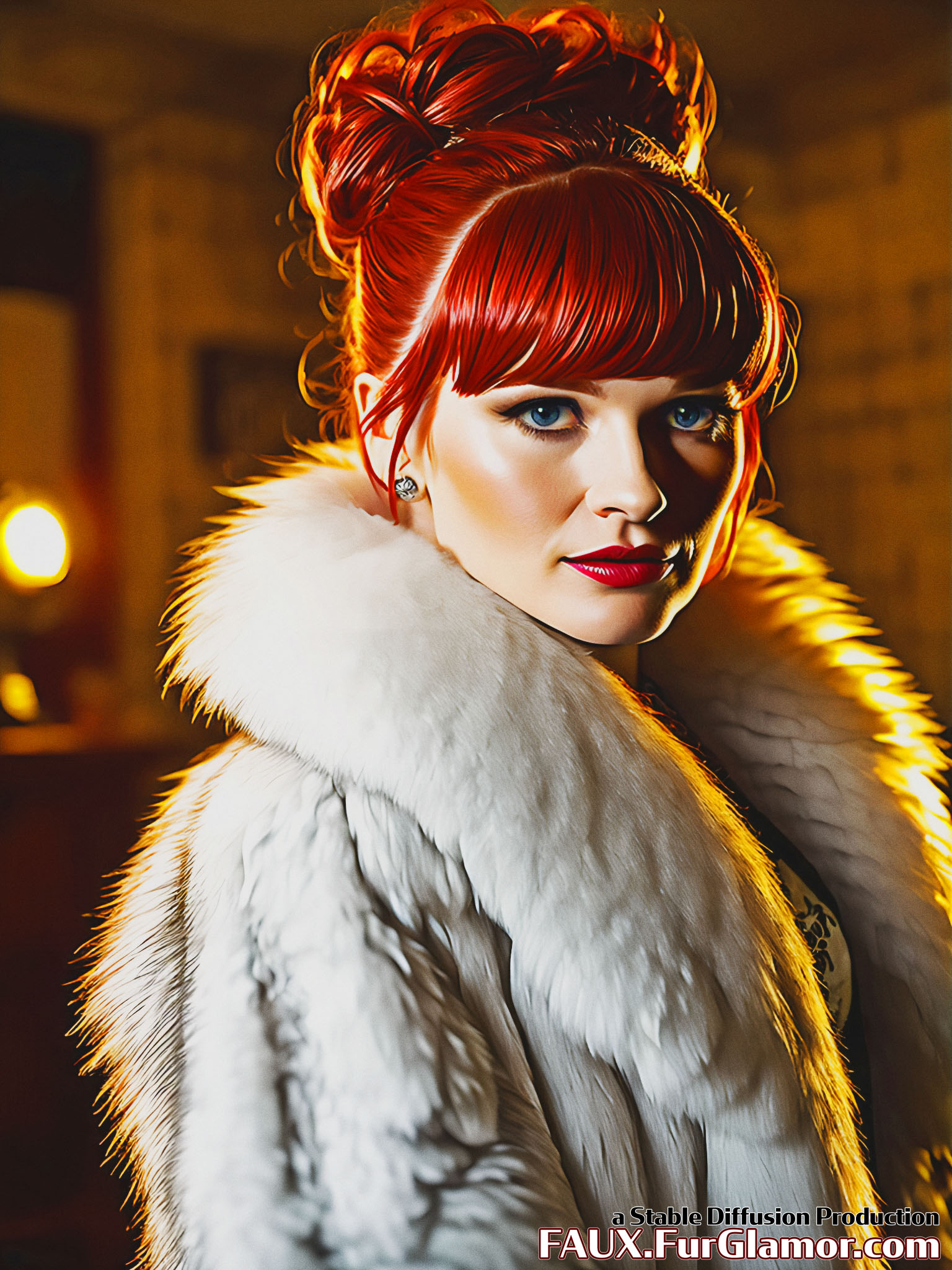 Stable Diffusion Render of Bryce Dallas Howard in large Fur Coat