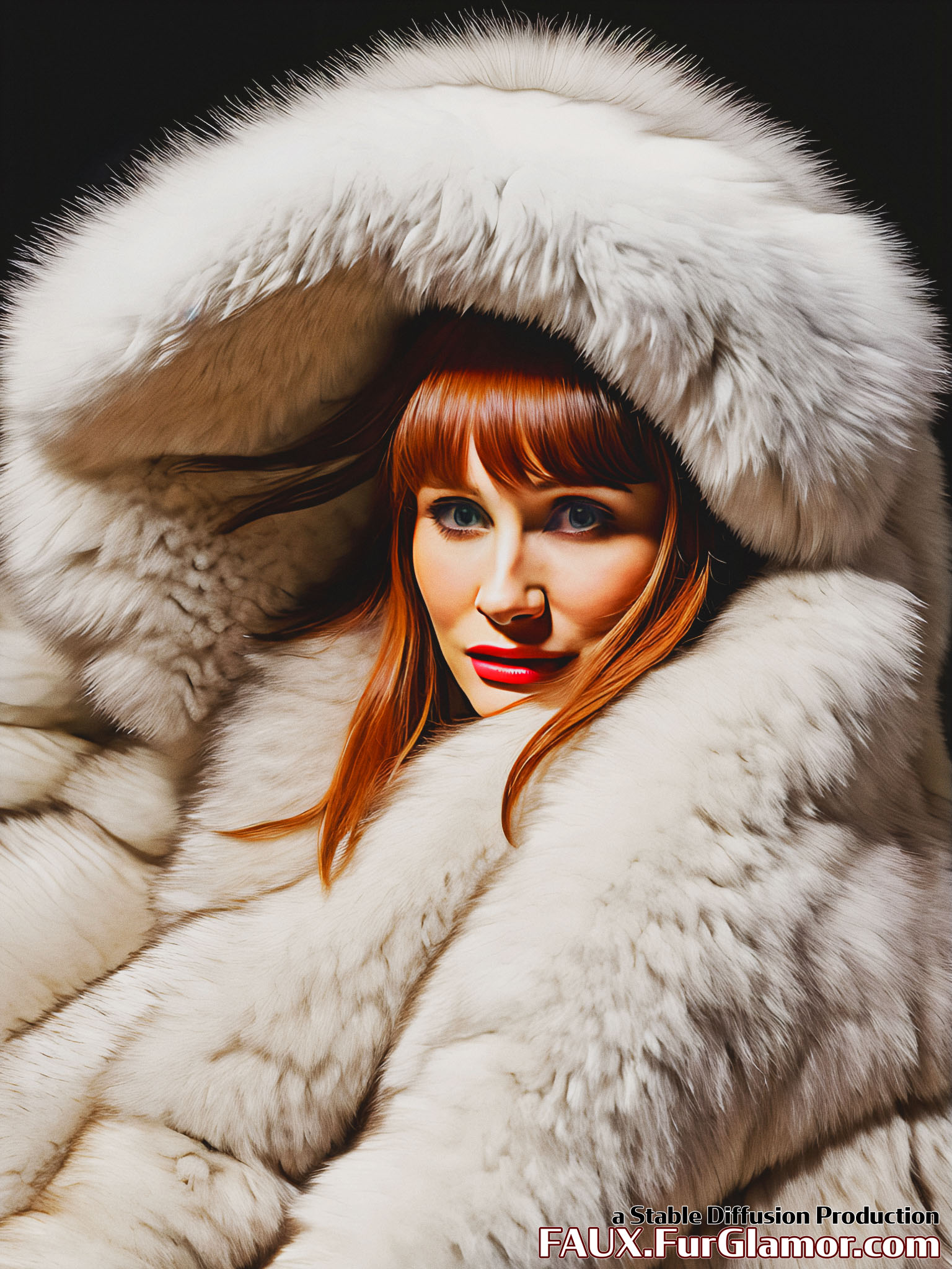 Stable Diffusion Render of Bryce Dallas Howard in large Fur Coat