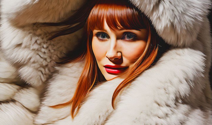 Stable Diffusion Render of Bryce Dallas Howard in large Fur Coat