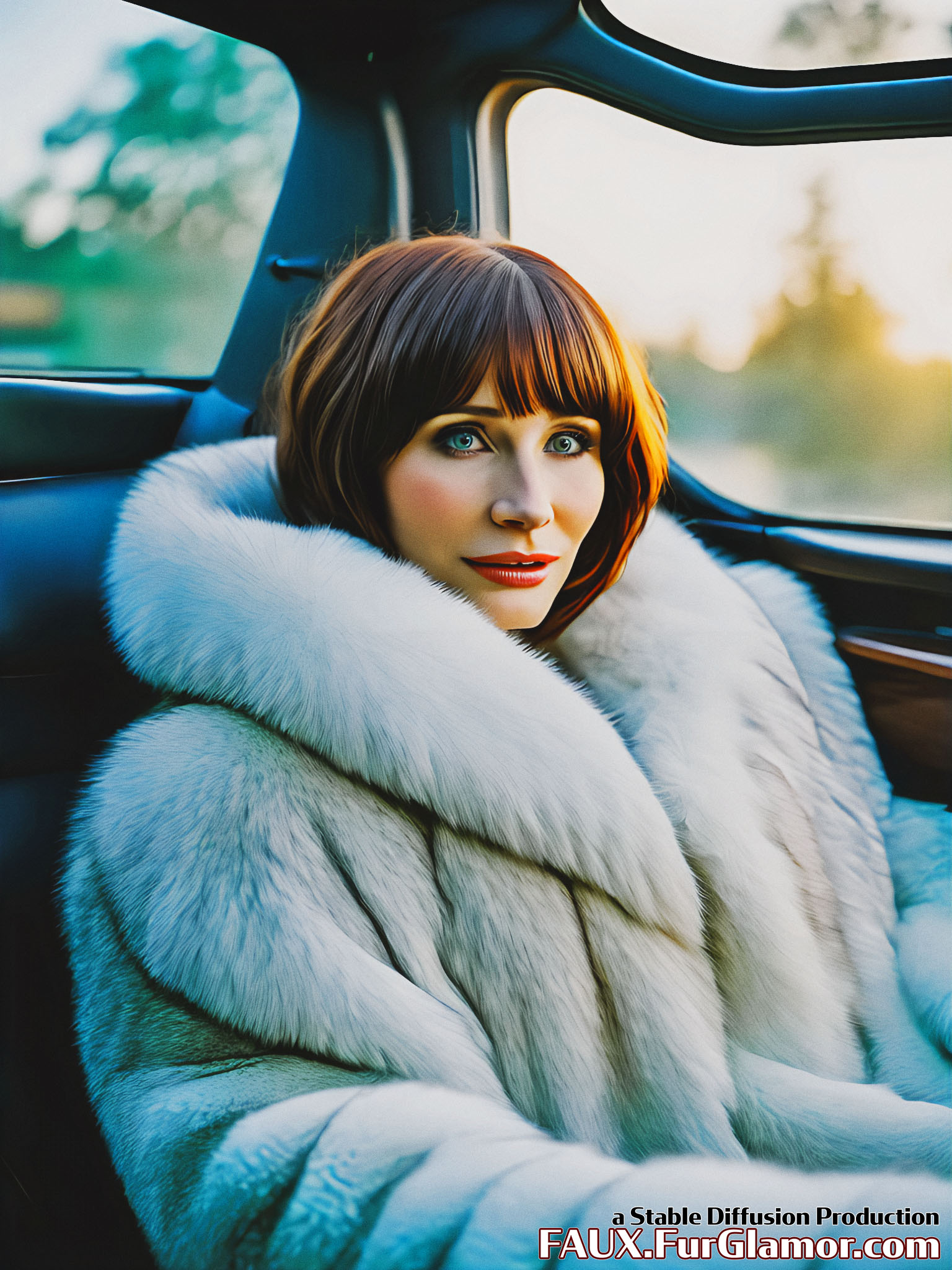 Stable Diffusion Render of Bryce Dallas Howard in large Fur Coat
