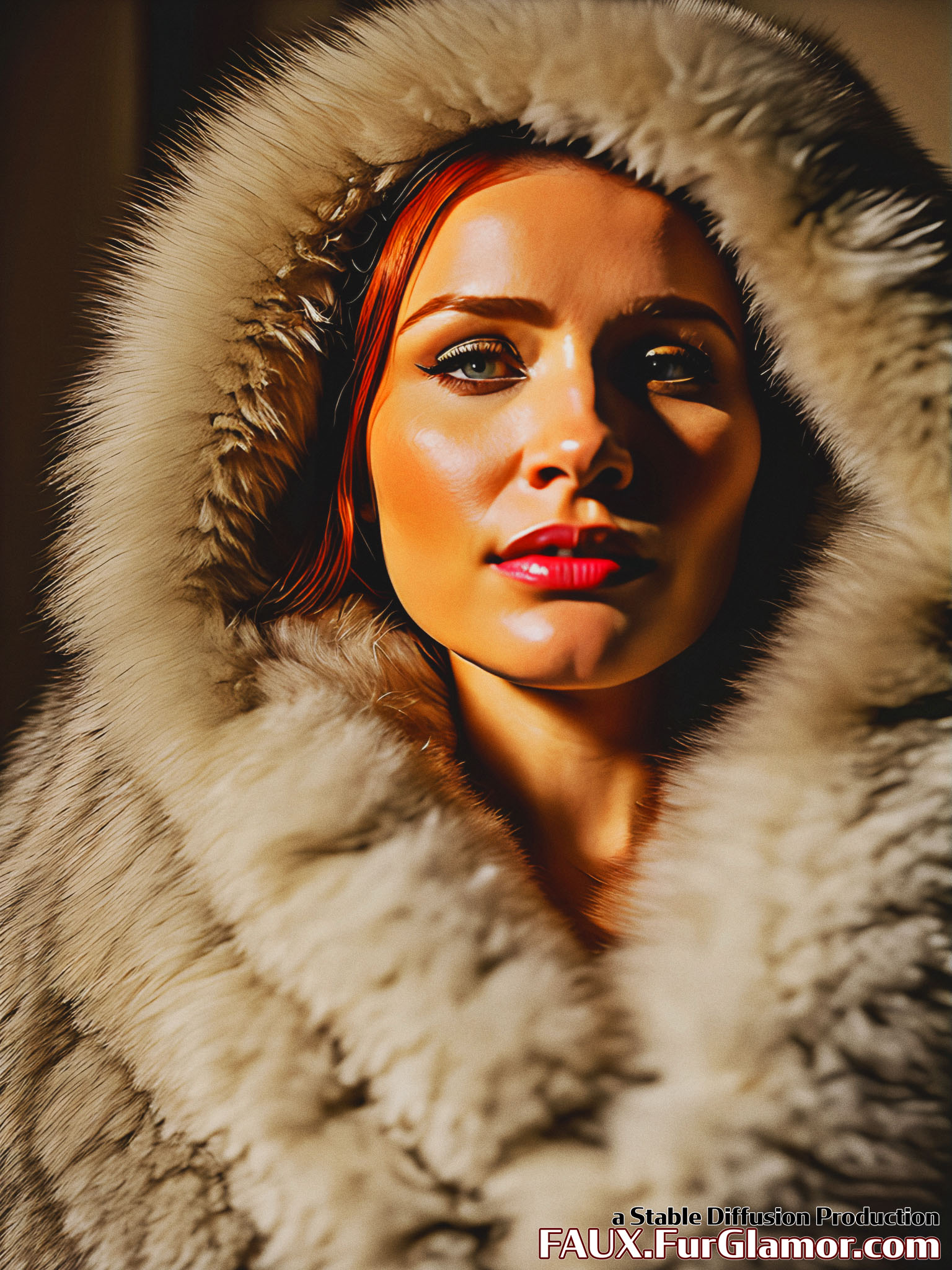 Stable Diffusion Render of Bryce Dallas Howard in large Fur Coat