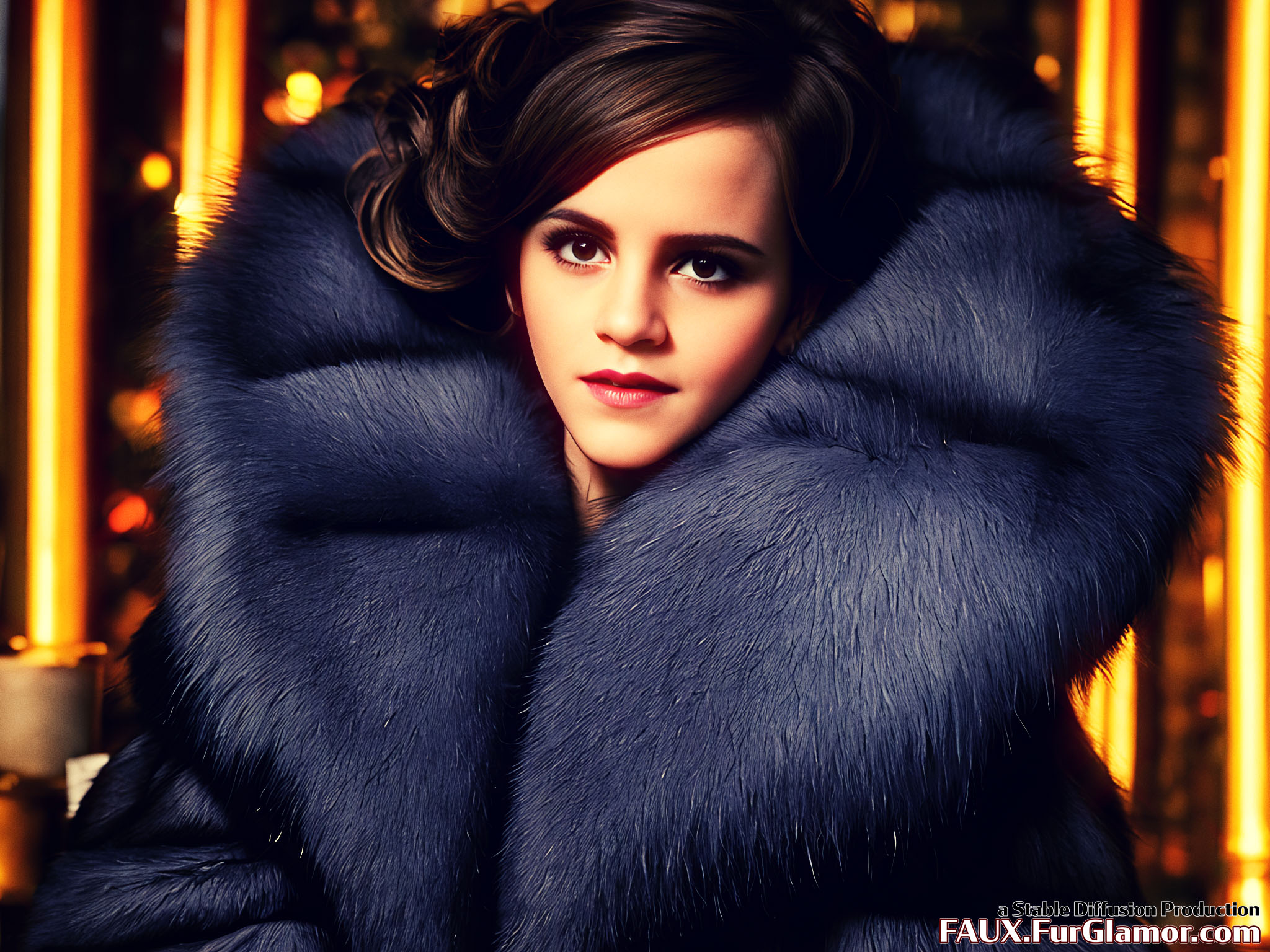Stable Diffusion Render of Emma Watson in a Fur Coat
