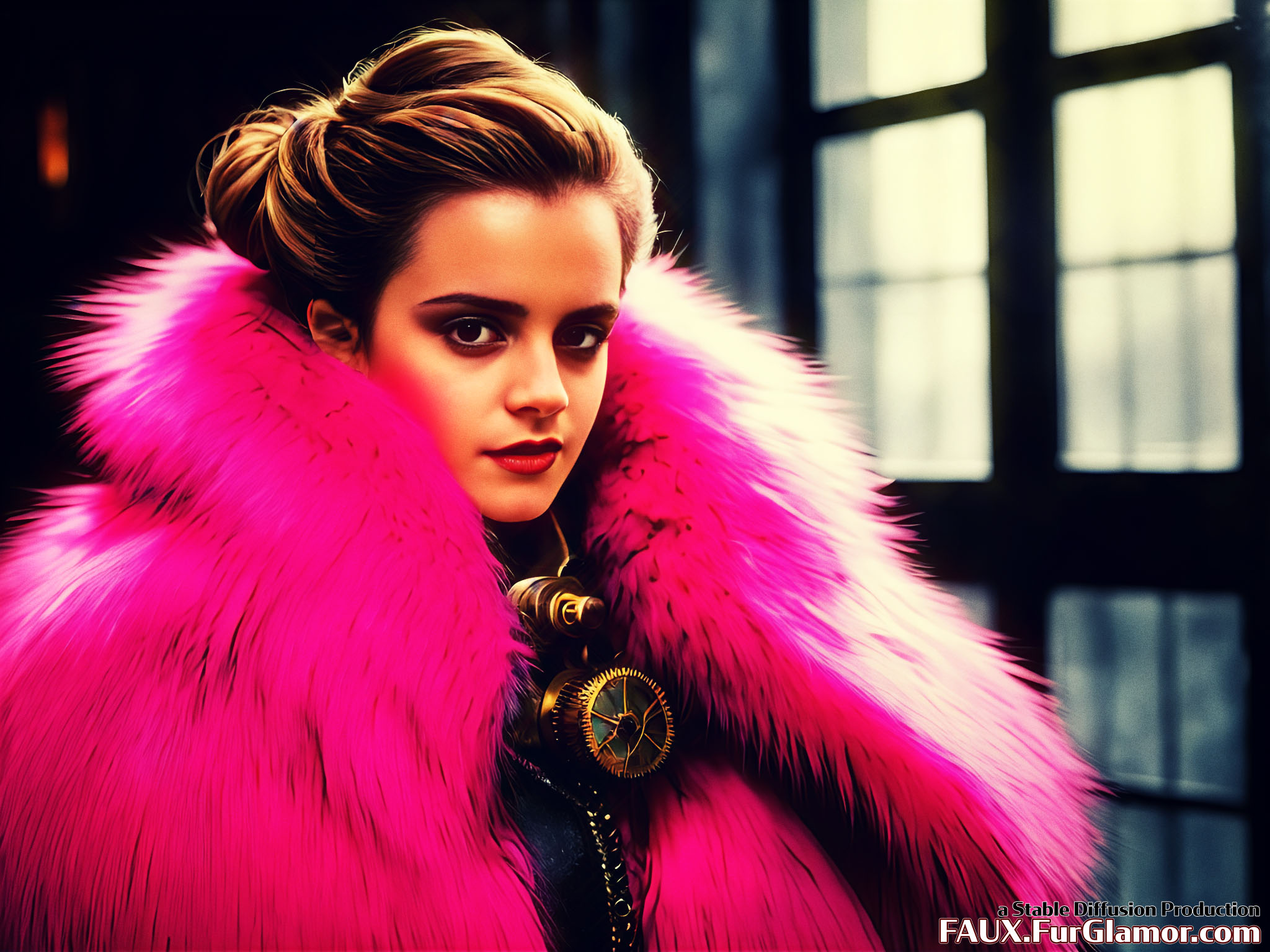 Stable Diffusion Render of Emma Watson in a Fur Coat
