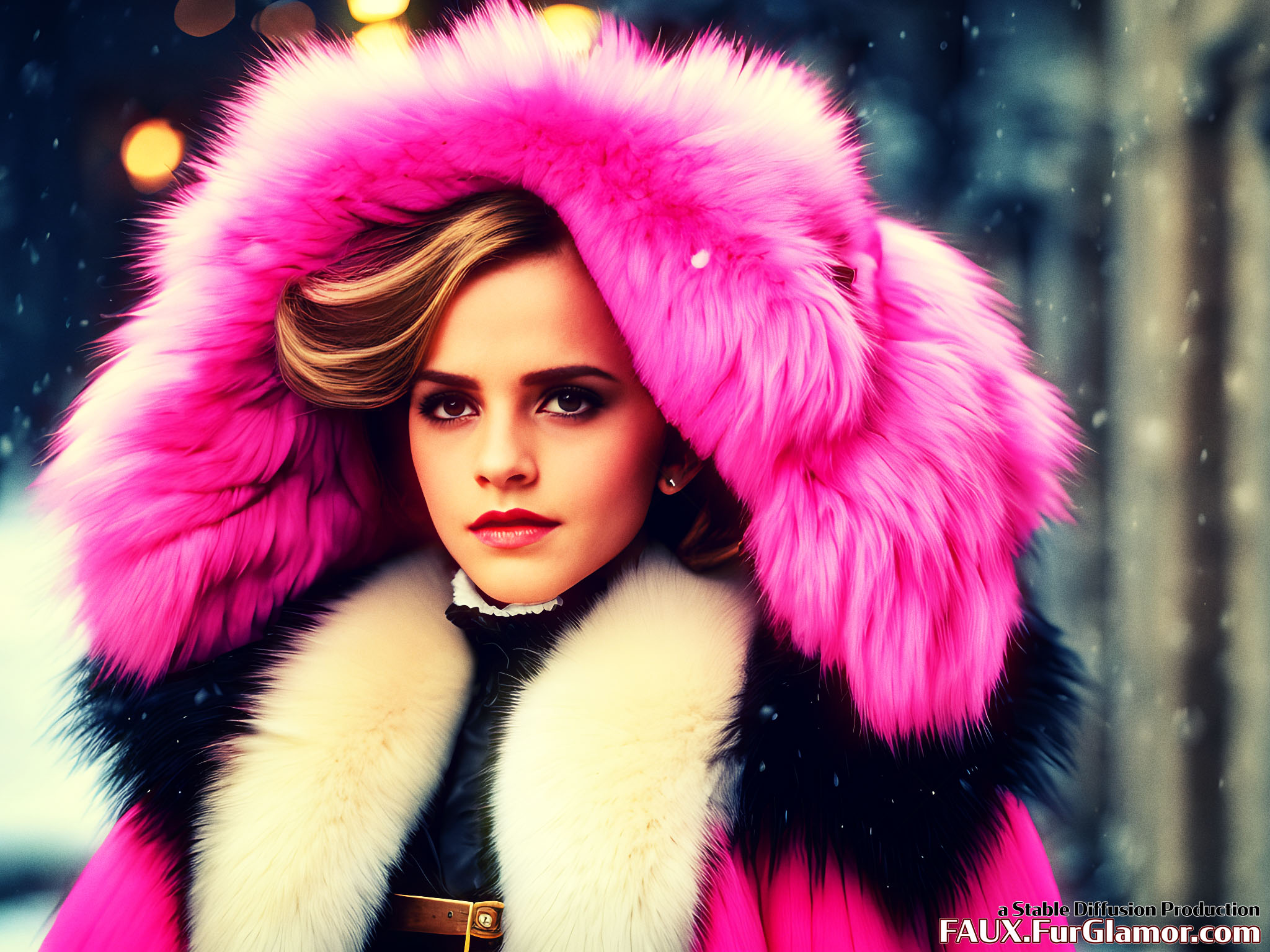 Stable Diffusion Render of Emma Watson in a Fur Coat