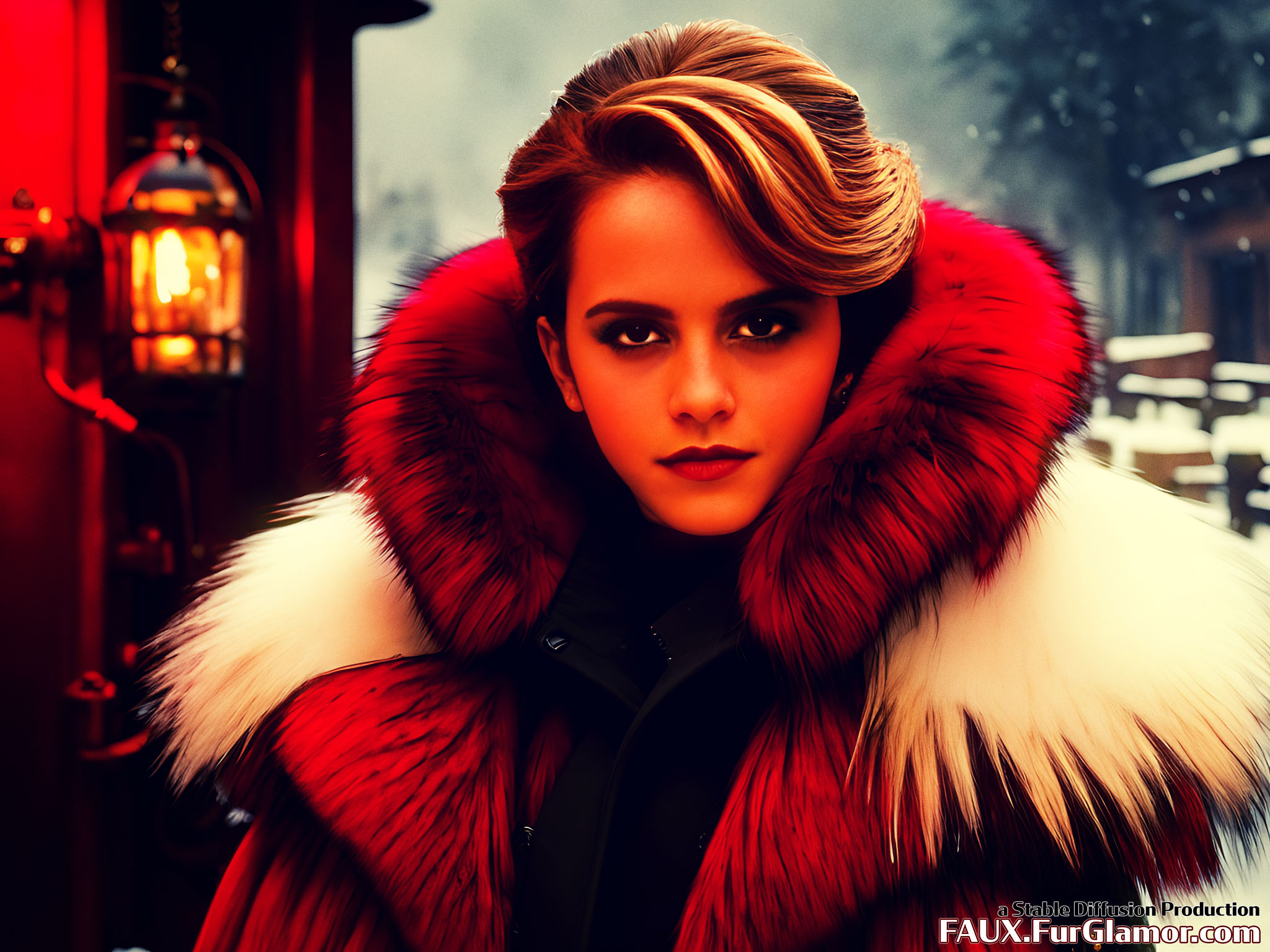 Stable Diffusion Render of Emma Watson in a Fur Coat
