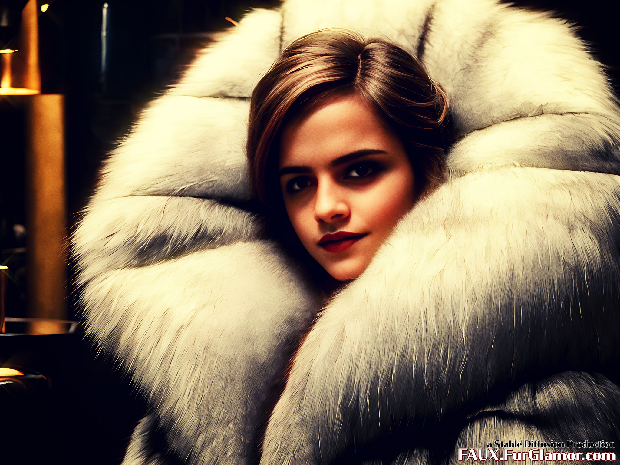 Stable Diffusion Render of Emma Watson in a Fur Coat