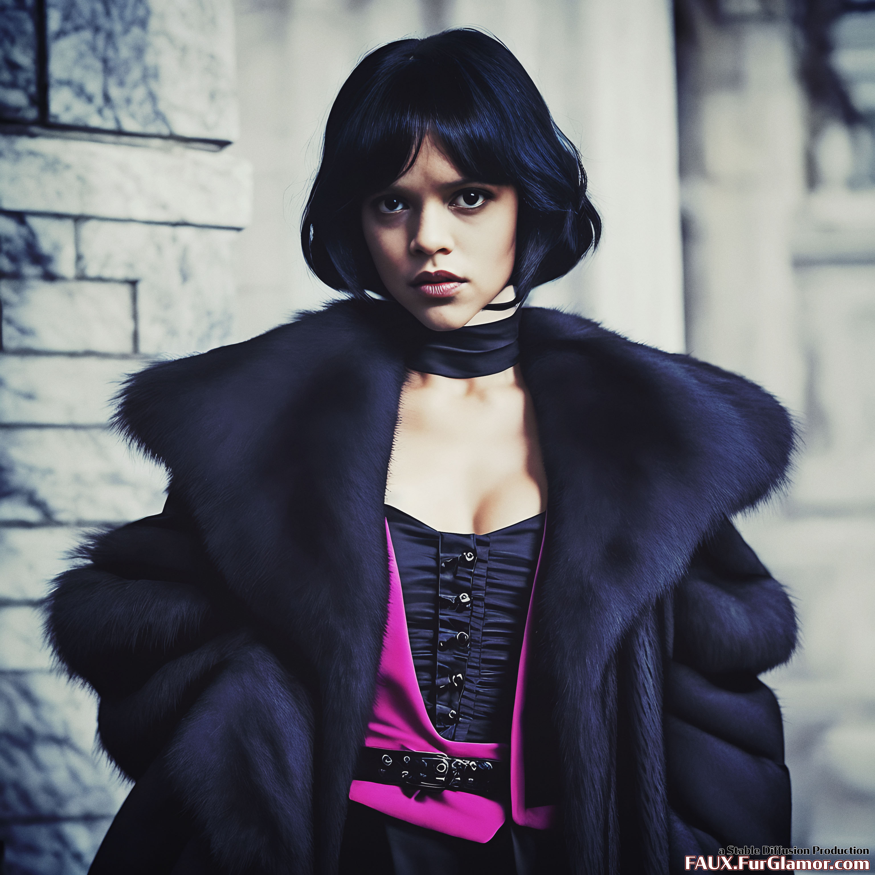 Stable Diffusion Render of Jenna Ortega as Wednesday Wearing a Fur Coat