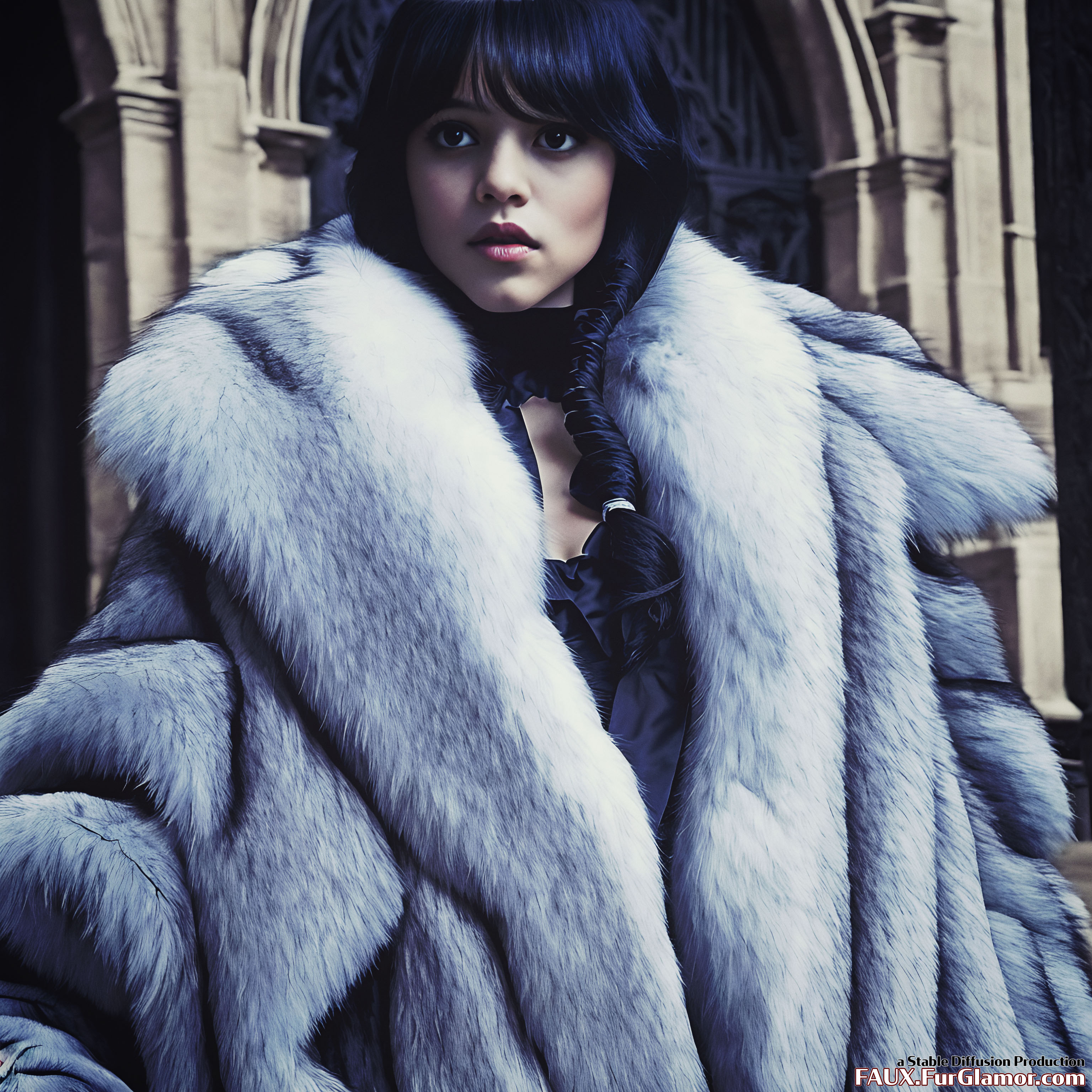 Stable Diffusion Render of Jenna Ortega as Wednesday Wearing a Fur Coat