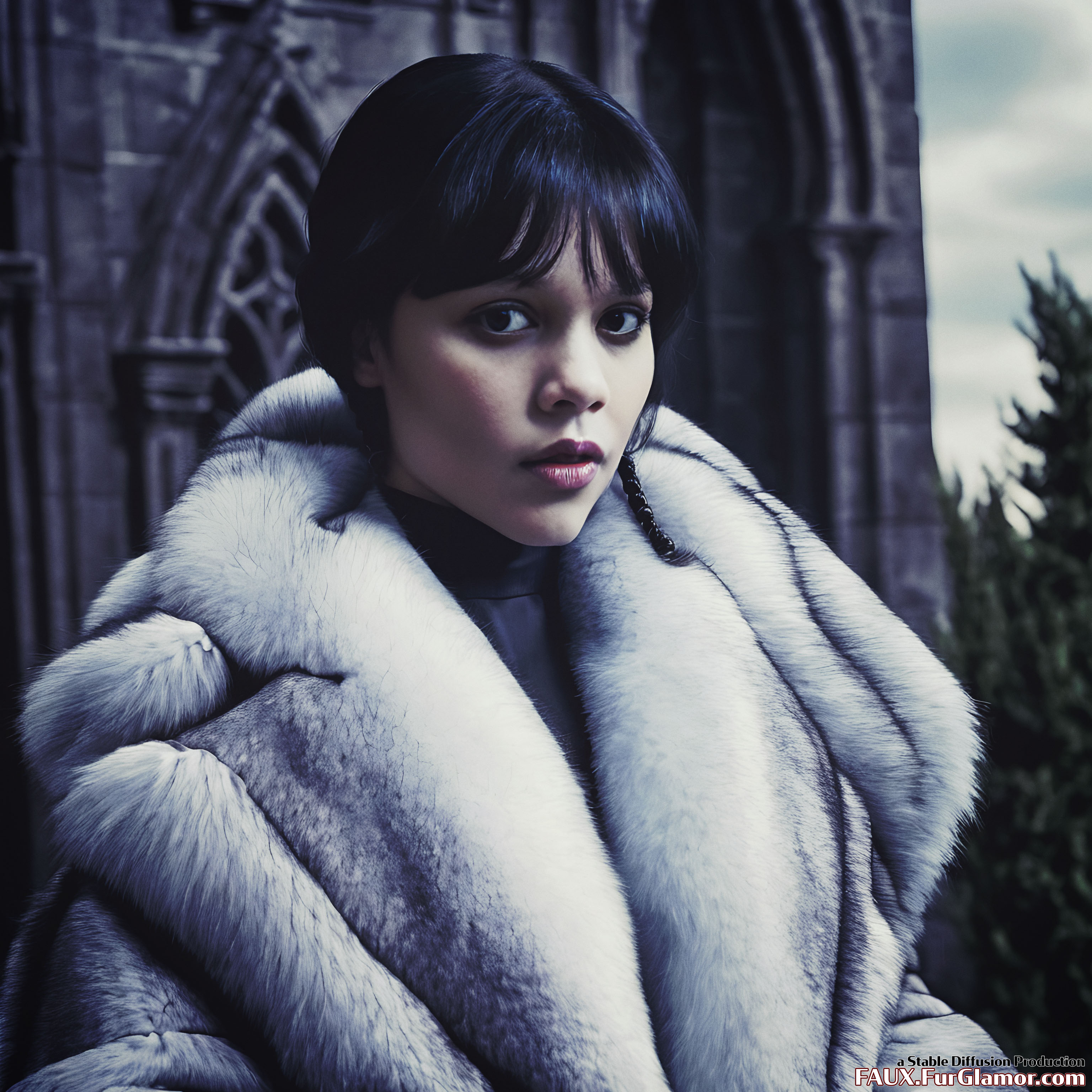 Stable Diffusion Render of Jenna Ortega as Wednesday Wearing a Fur Coat