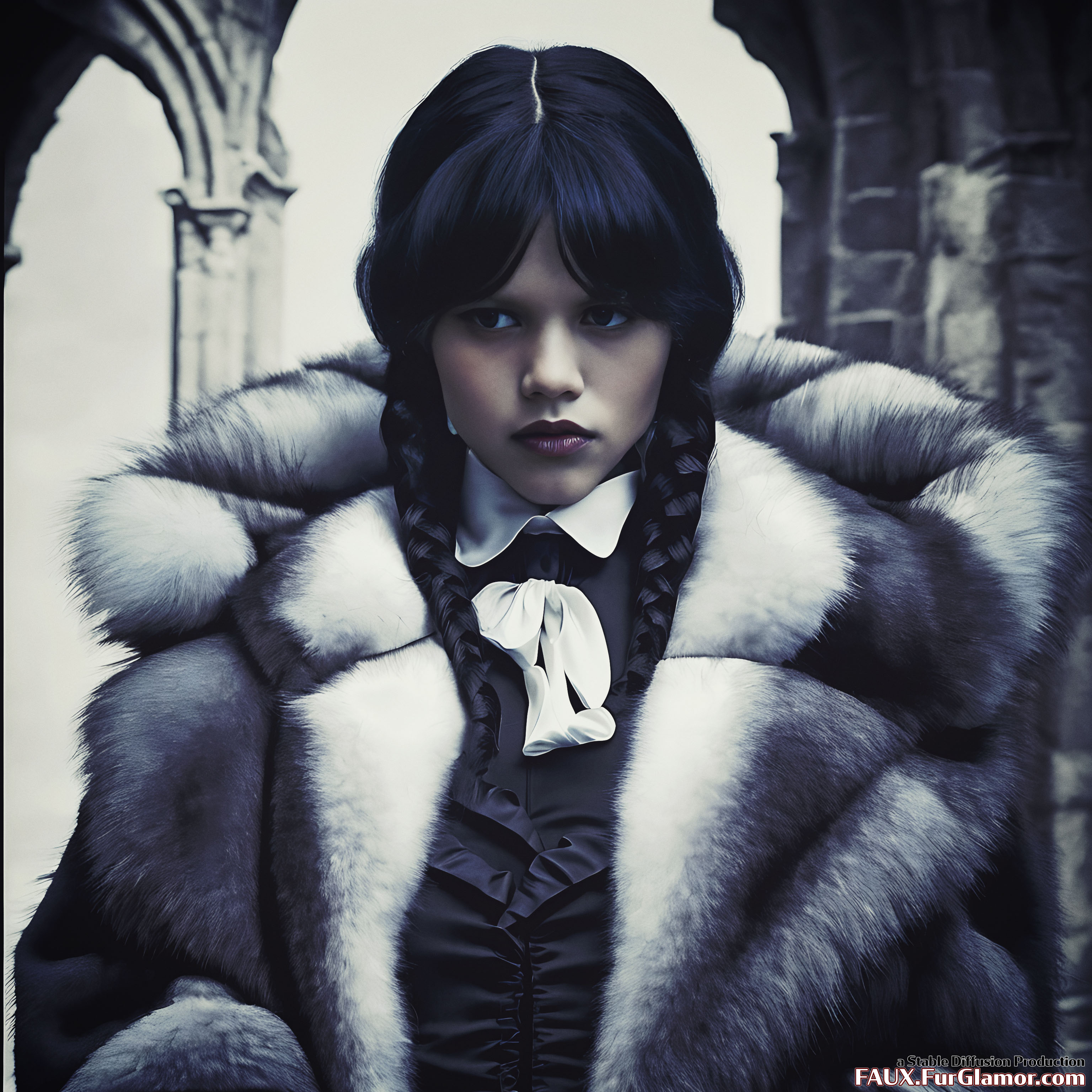 Stable Diffusion Render of Jenna Ortega as Wednesday Wearing a Fur Coat