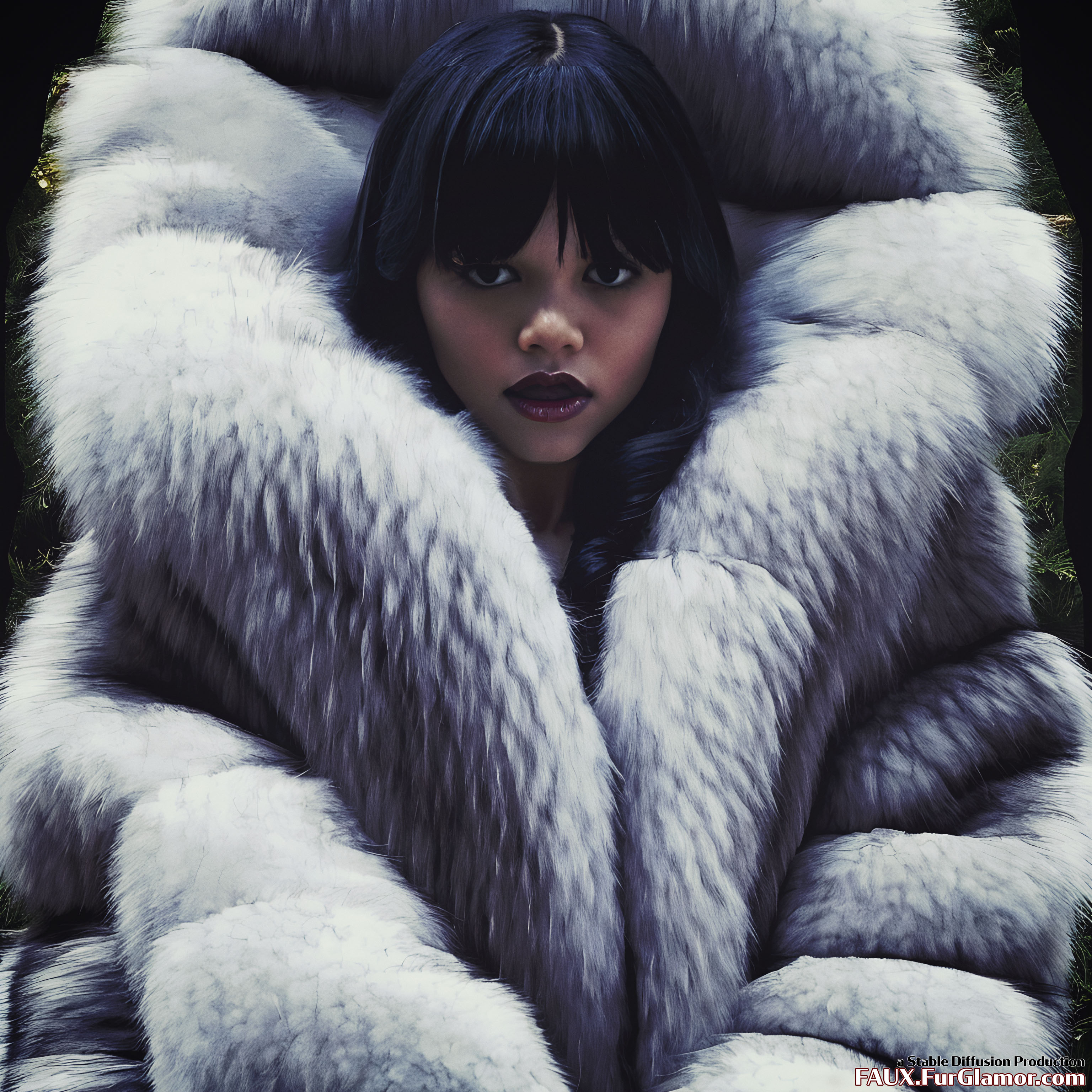 Stable Diffusion Render of Jenna Ortega as Wednesday Wearing a Fur Coat