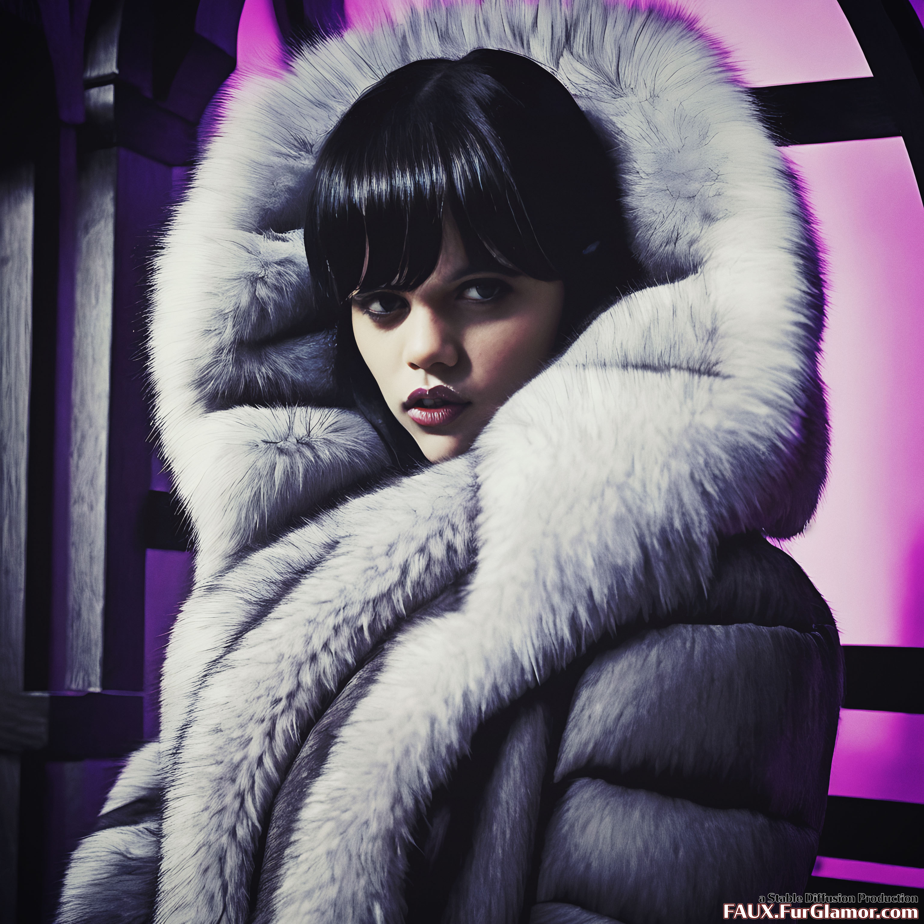 Stable Diffusion Render of Jenna Ortega as Wednesday Wearing a Fur Coat