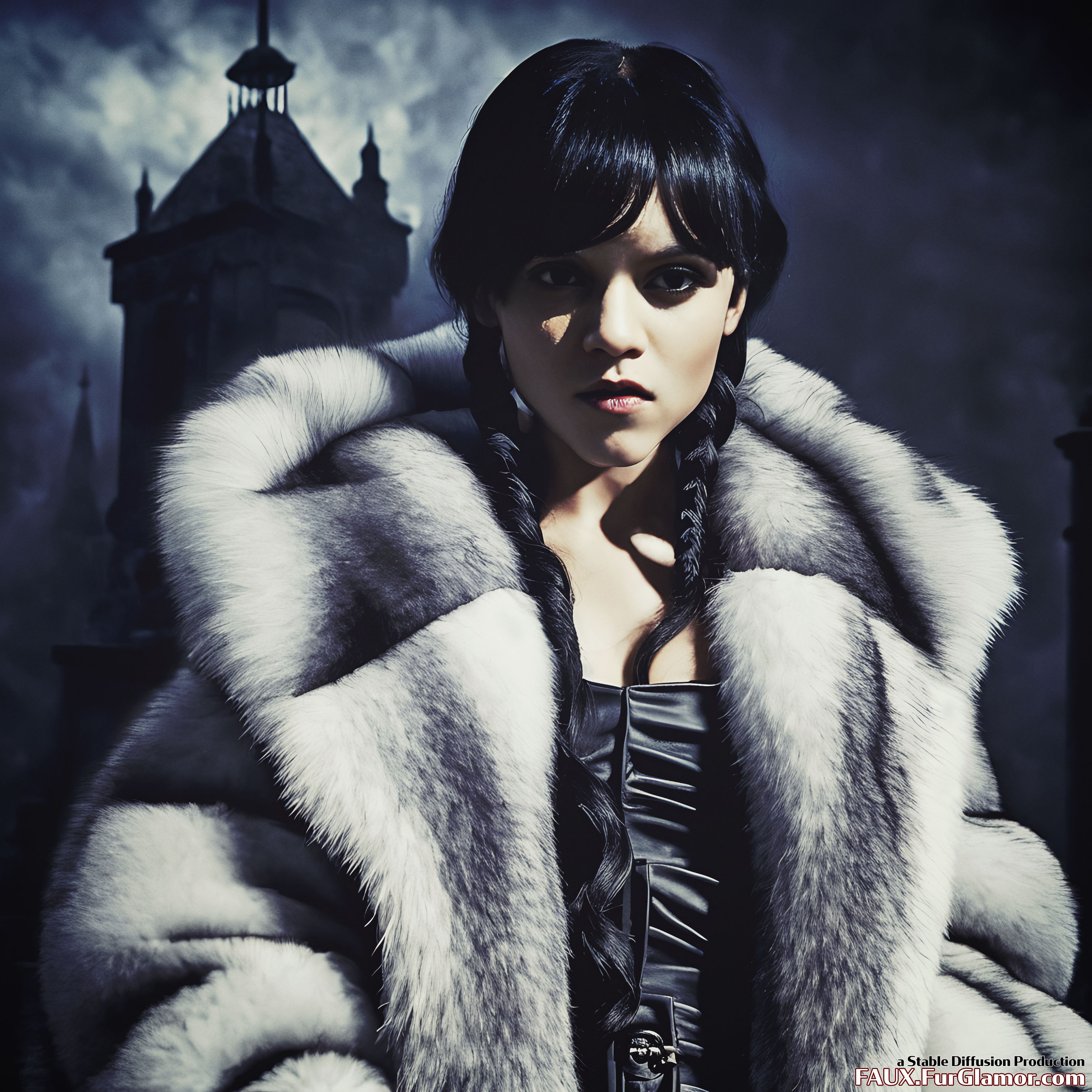 Stable Diffusion Render of Jenna Ortega as Wednesday Wearing a Fur Coat