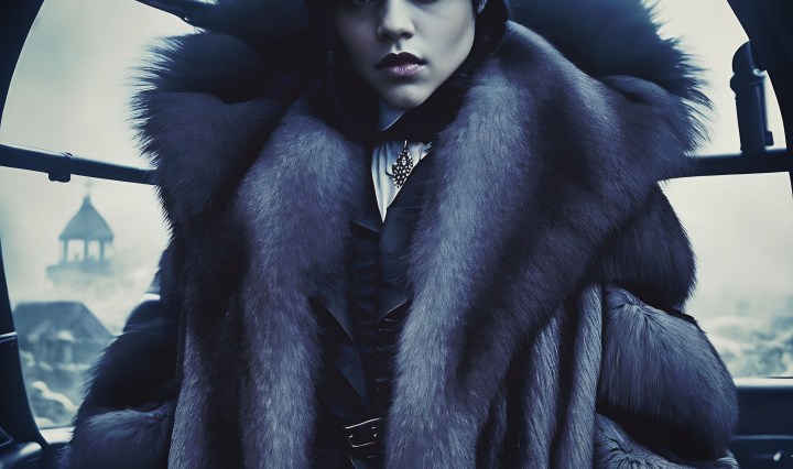 Stable Diffusion Render of Jenna Ortega as Wednesday Wearing a Fur Coat