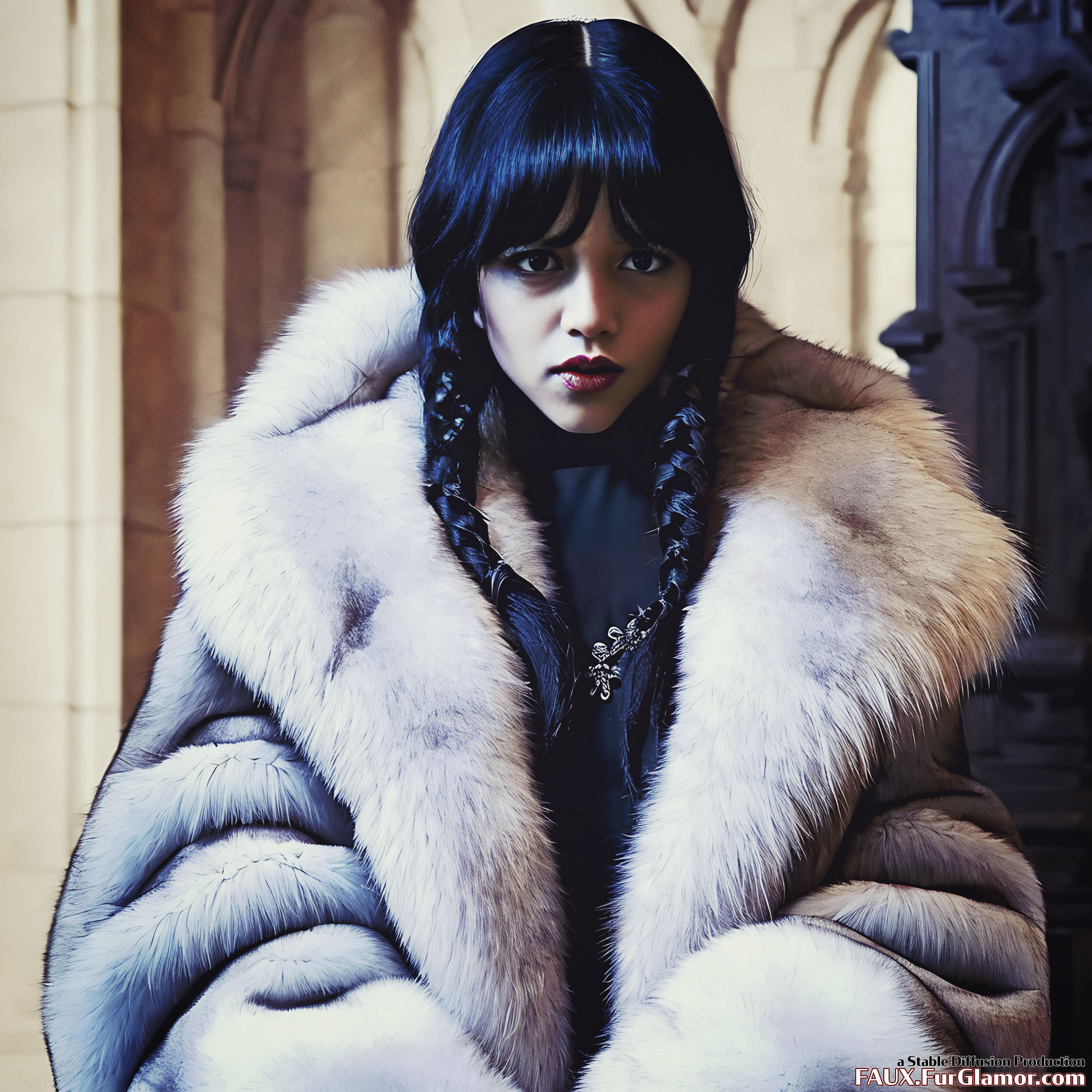 Stable Diffusion Render of Jenna Ortega as Wednesday Wearing a Fur Coat