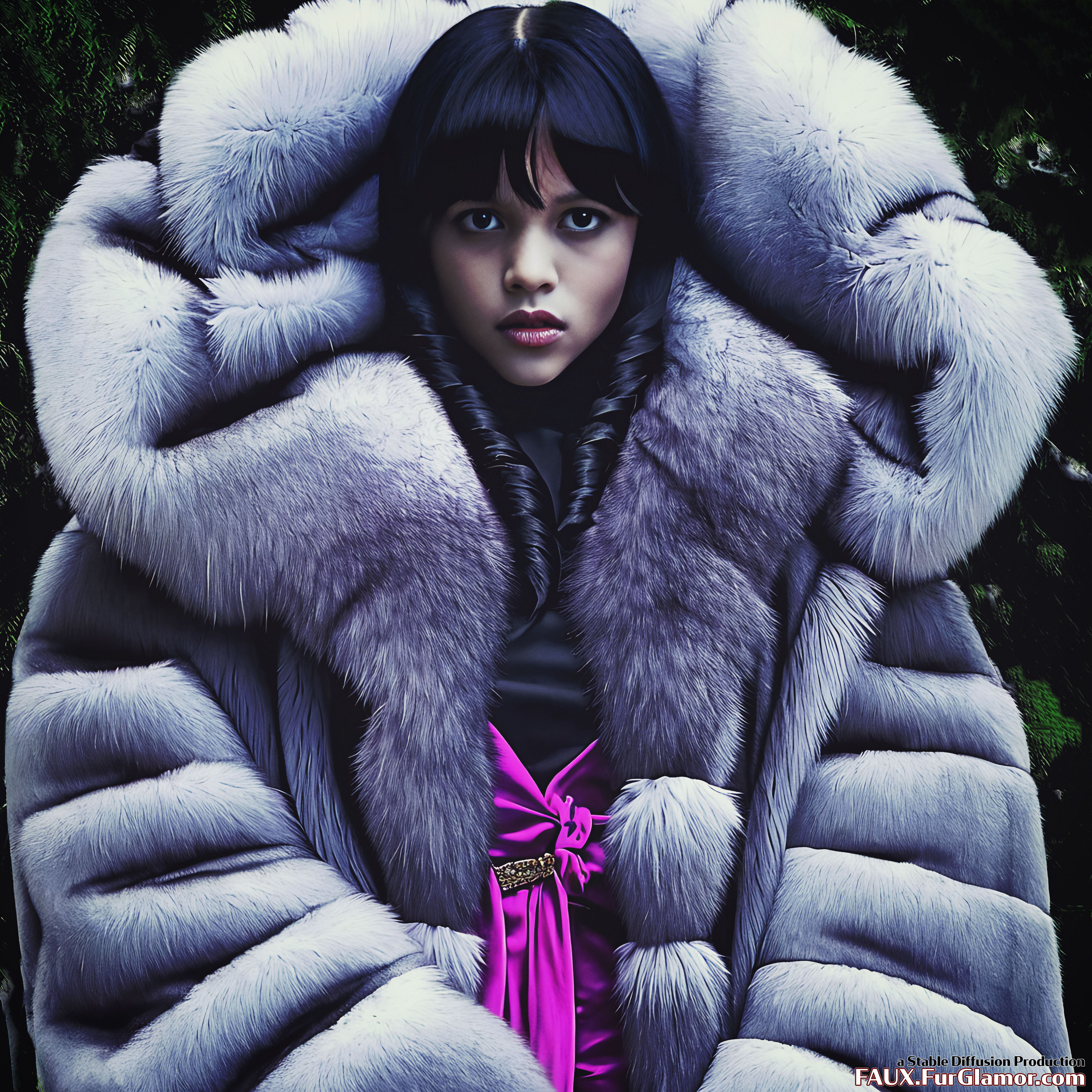 Stable Diffusion Render of Jenna Ortega as Wednesday Wearing a Fur Coat