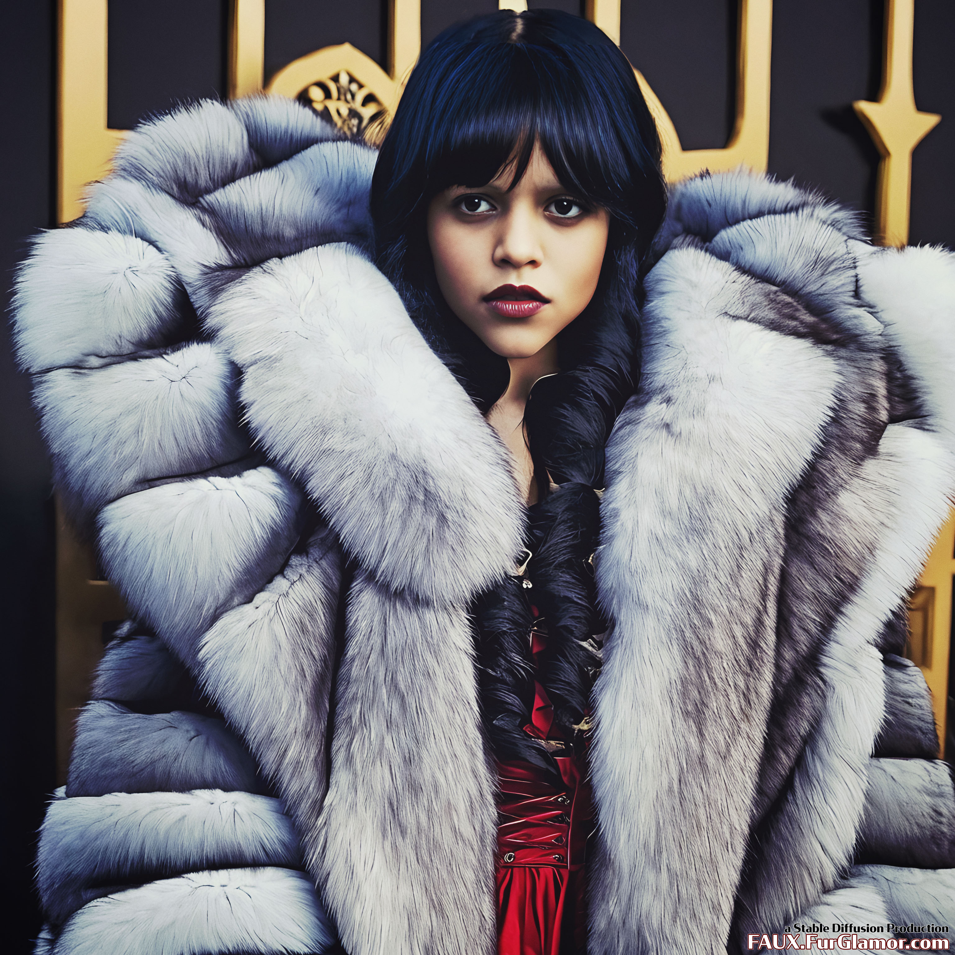 Stable Diffusion Render of Jenna Ortega as Wednesday Wearing a Fur Coat
