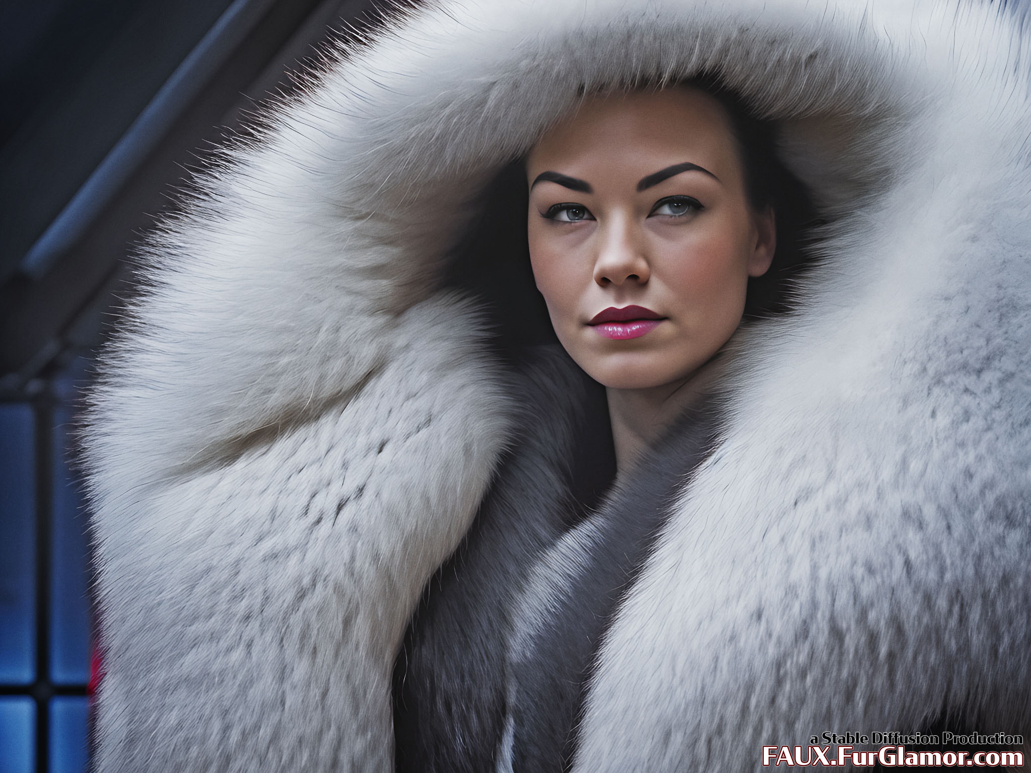 Stable Diffusion Render of Yvonne Strahovski in a Fur Coat