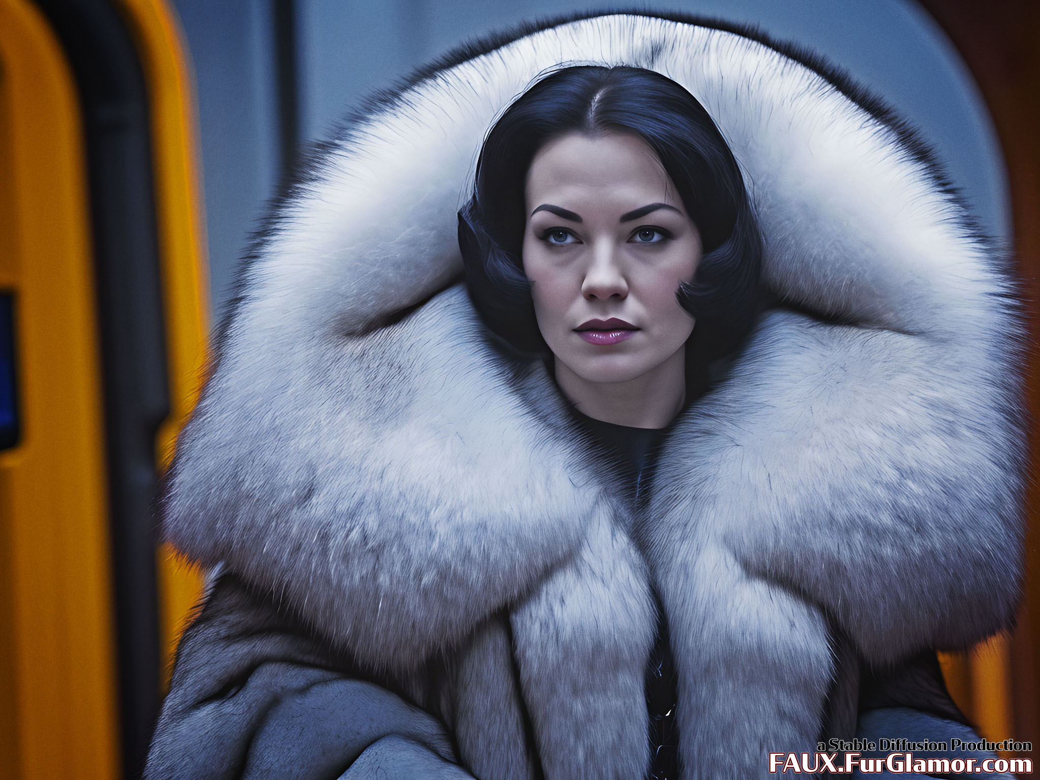 Stable Diffusion Render of Yvonne Strahovski in a Fur Coat