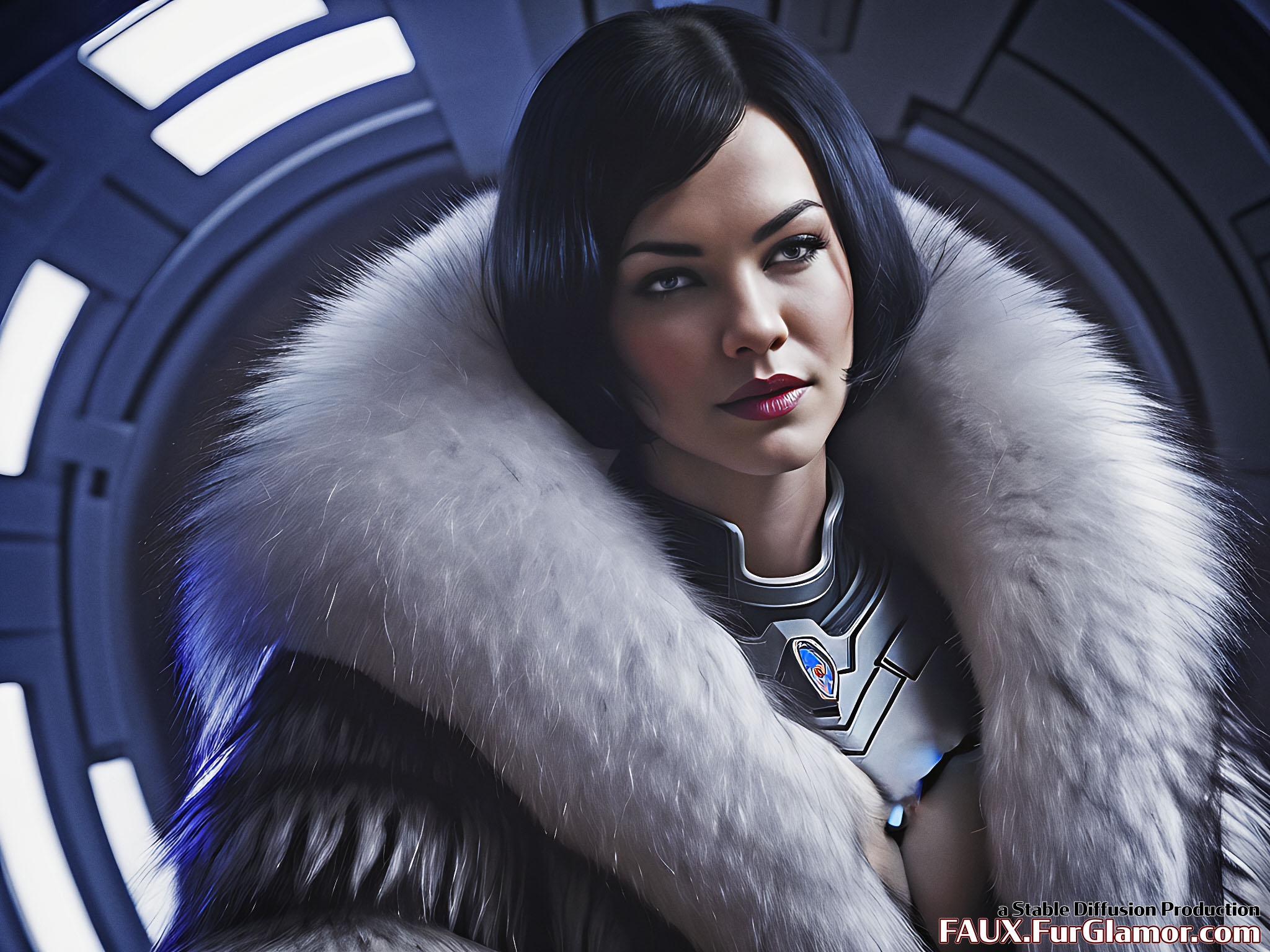 Stable Diffusion Render of Yvonne Strahovski in a Fur Coat