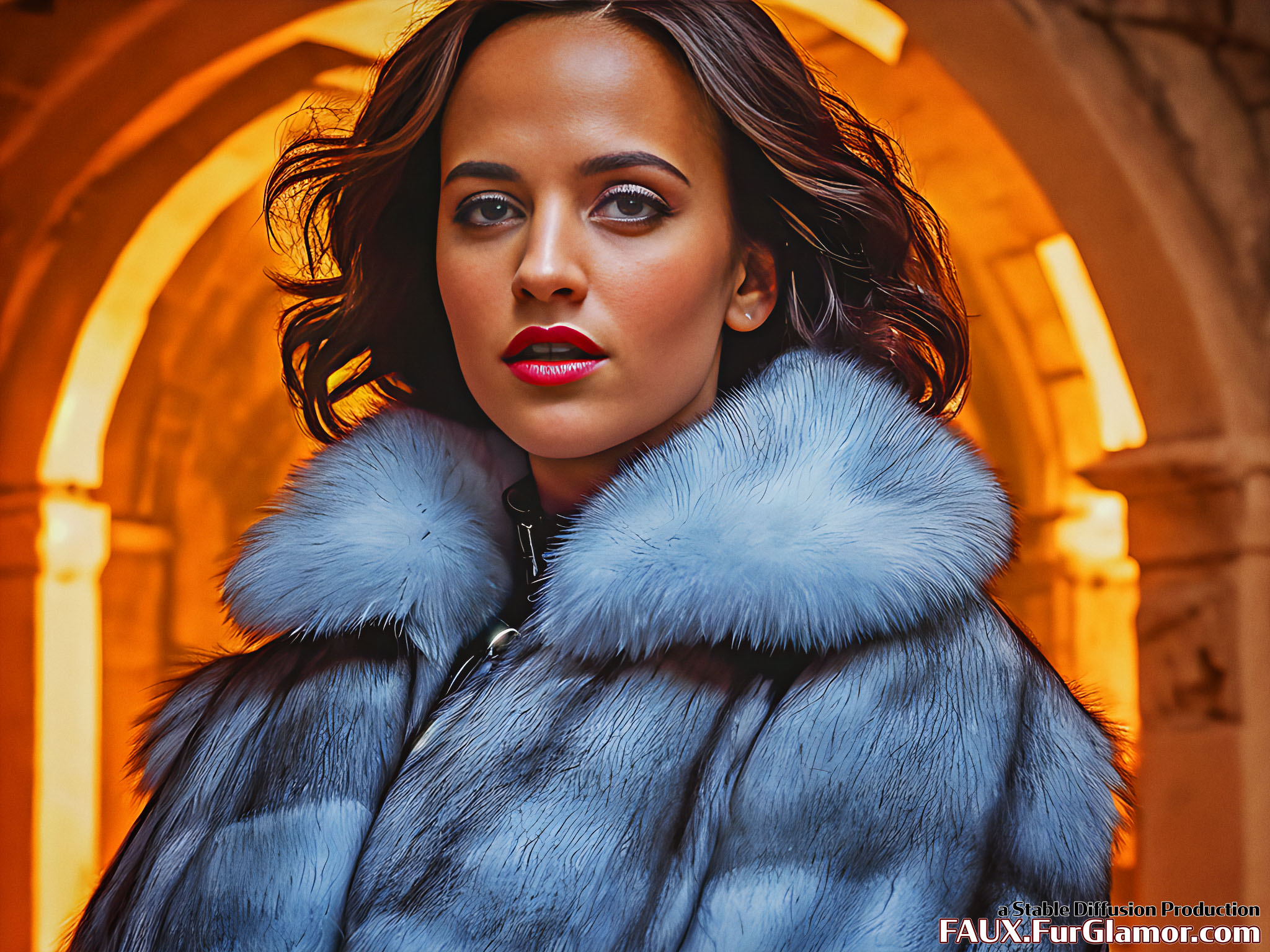 Stable Diffusion Render of Alicia Vikander in a Fur Coat
